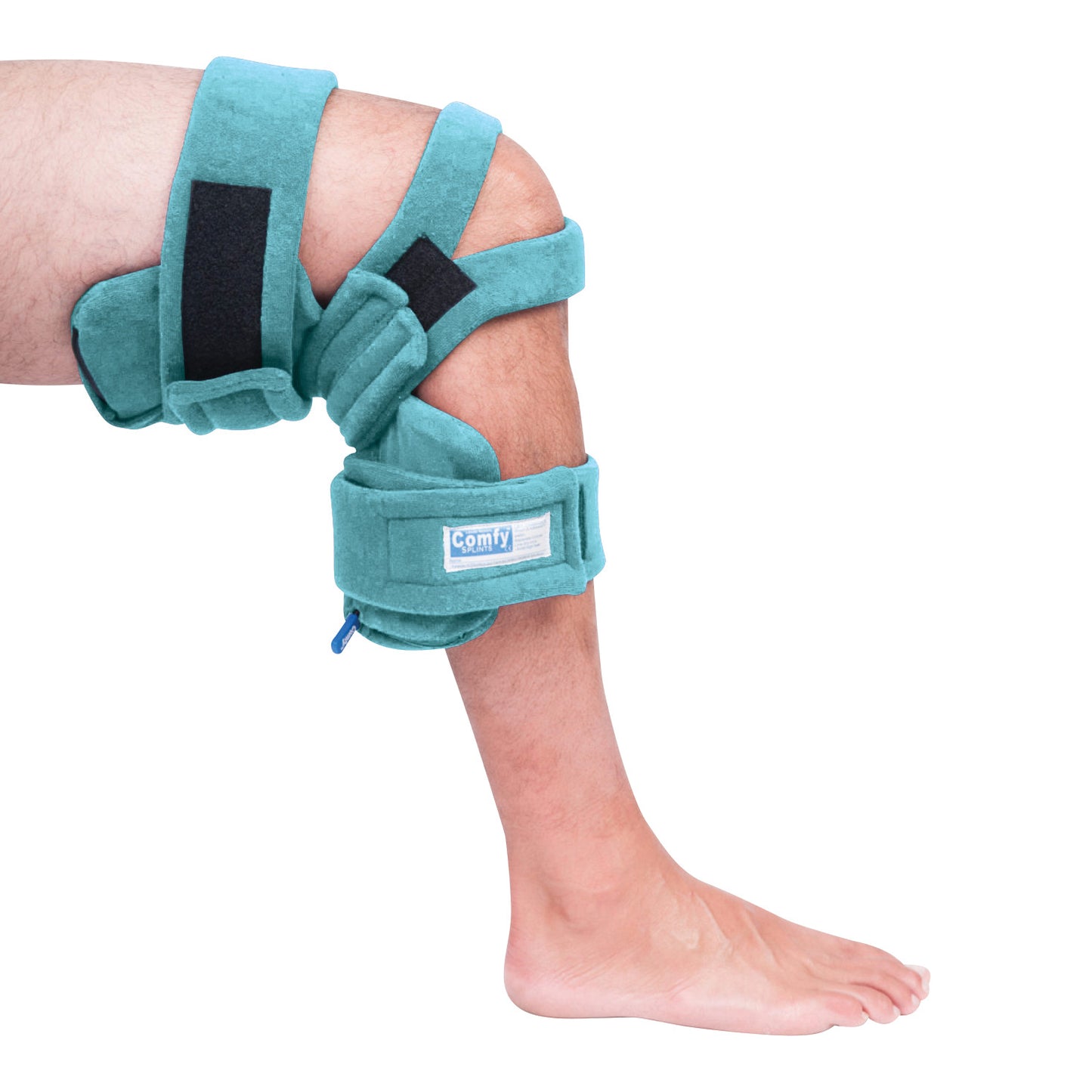 A leg wearing a "Comfy Splints Pediatric Locking Knee Orthosis," a teal knee brace with adjustable straps for support.