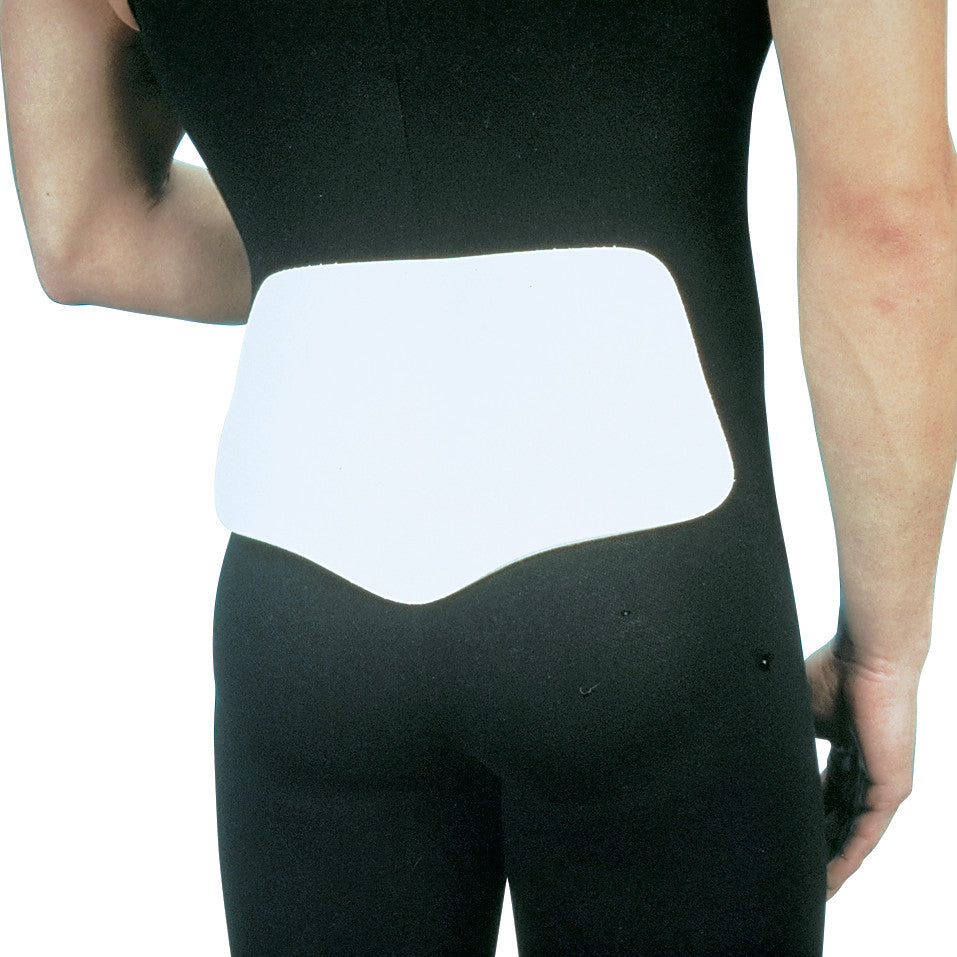 A person wears a "Moldable Thermoplastic Insert for Back Supports" on their lower back over a black outfit.