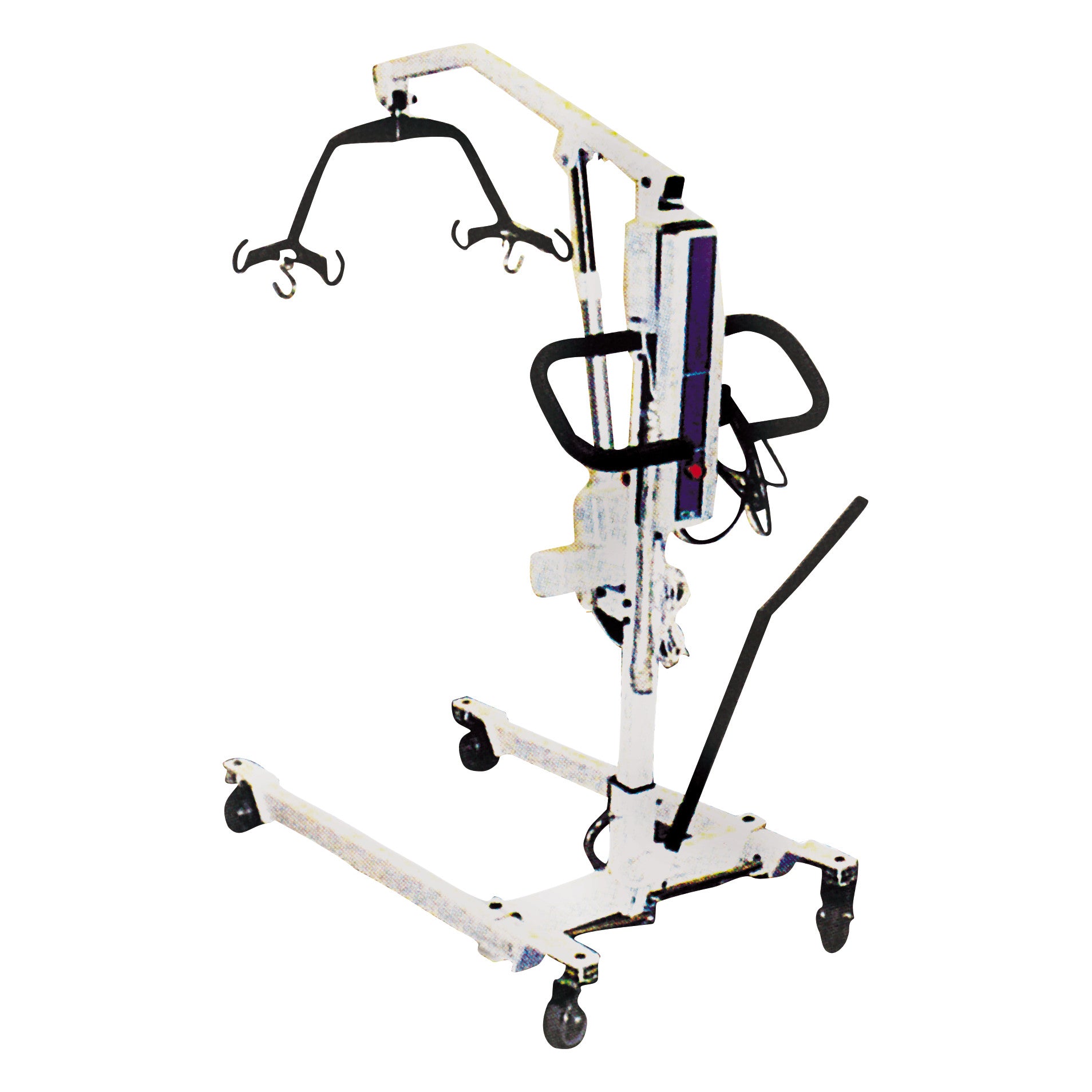 Drive Medical Bariatric Electric Patient Lift with a sturdy frame, wheels, and hooks for lifting. It aids in patient transfers.