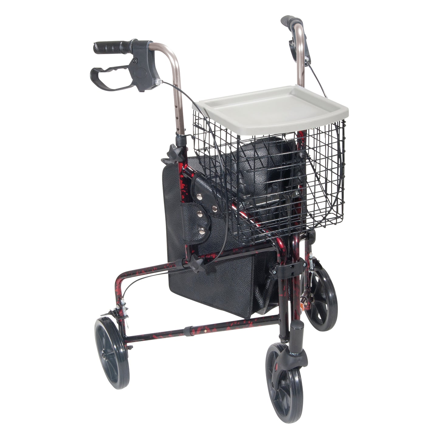The Drive Medical Deluxe 3-Wheel Aluminum Rollator features handlebars, a wire basket with a tray, and three wheels for mobility.
