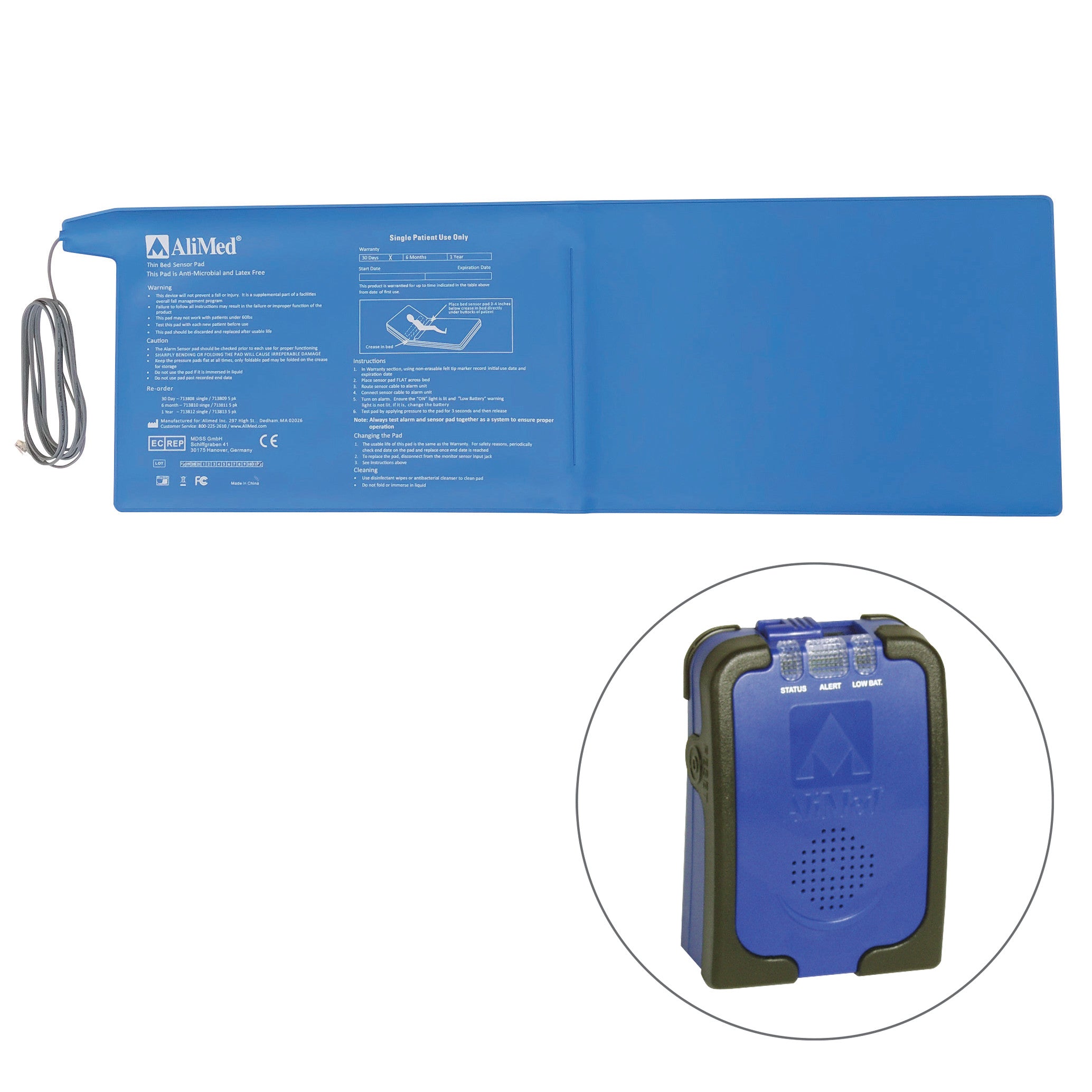 AliMed IQ Sensor Alarm with Bed Sensor Pad, shown in blue, includes a rectangular pad with attached cord and a small alarm device.