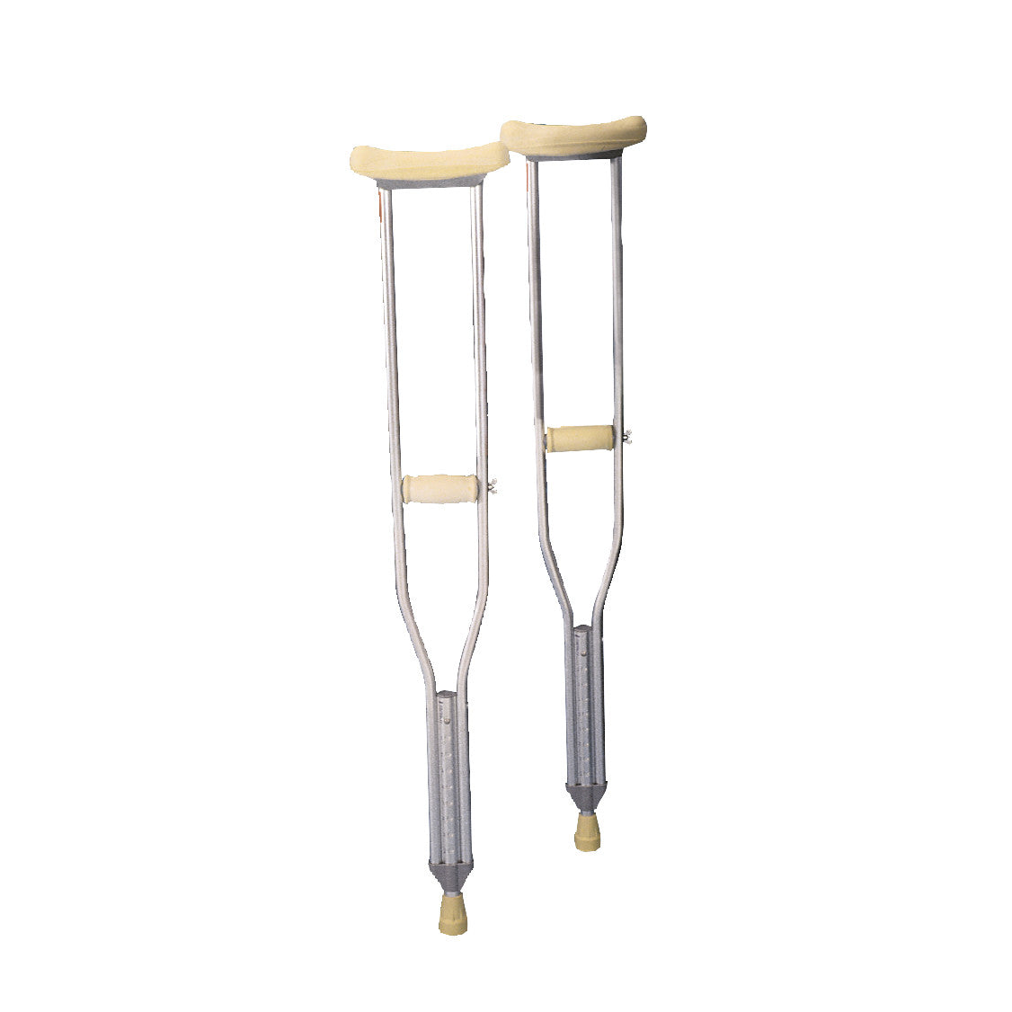 Two silver Drive Medical Axillary Crutches with beige armpit and hand grips are shown, designed for mobility support.