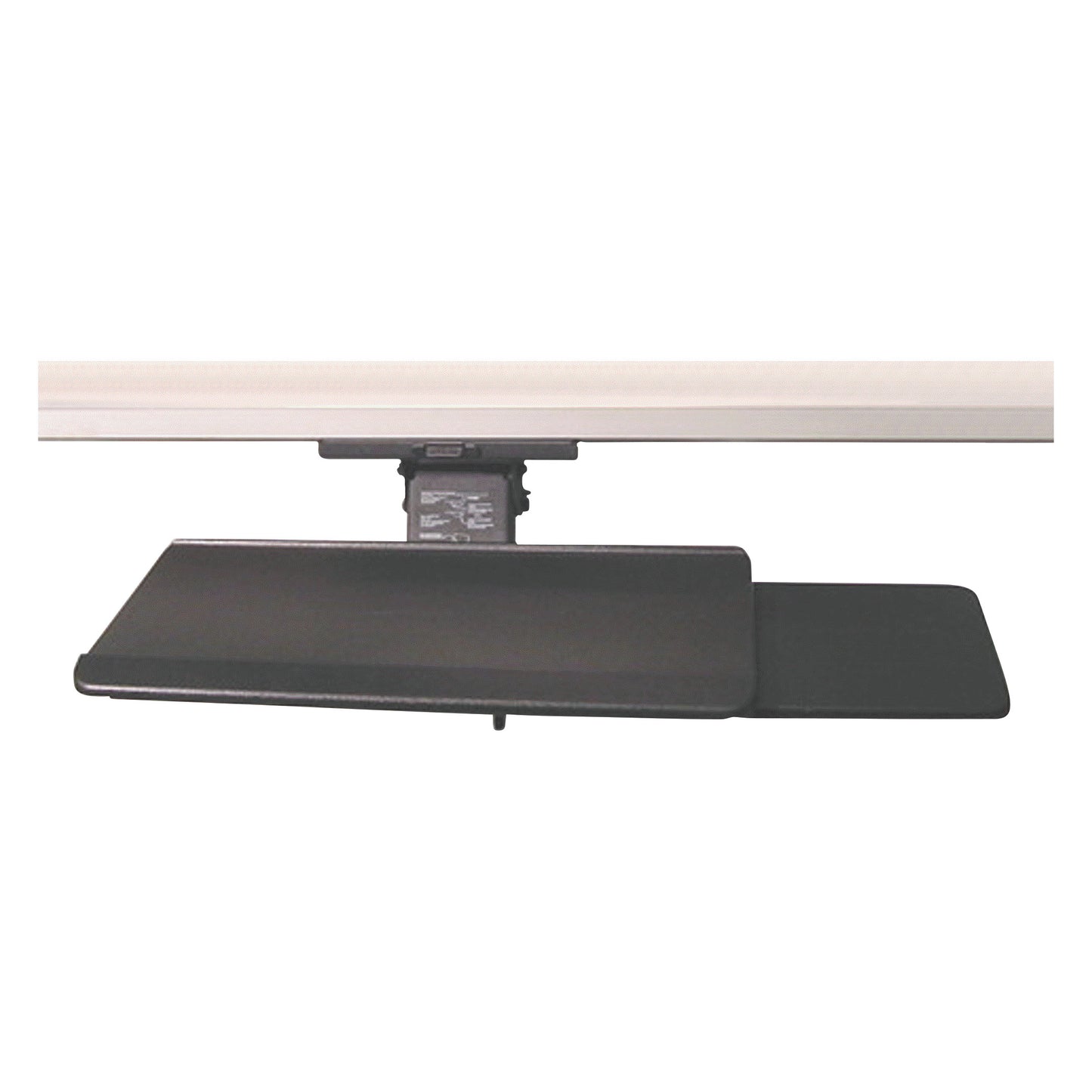 Retractable Keyboard Tray with Sliding Mouse Pad, featuring a sleek black design mounted under a white desk.