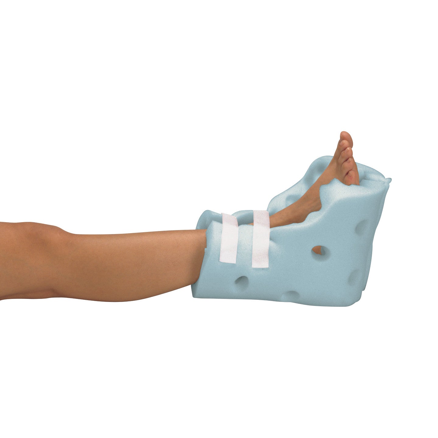A leg rests in a Posey Heel Guard, a blue foam protector with white straps, designed to cushion and prevent pressure sores.