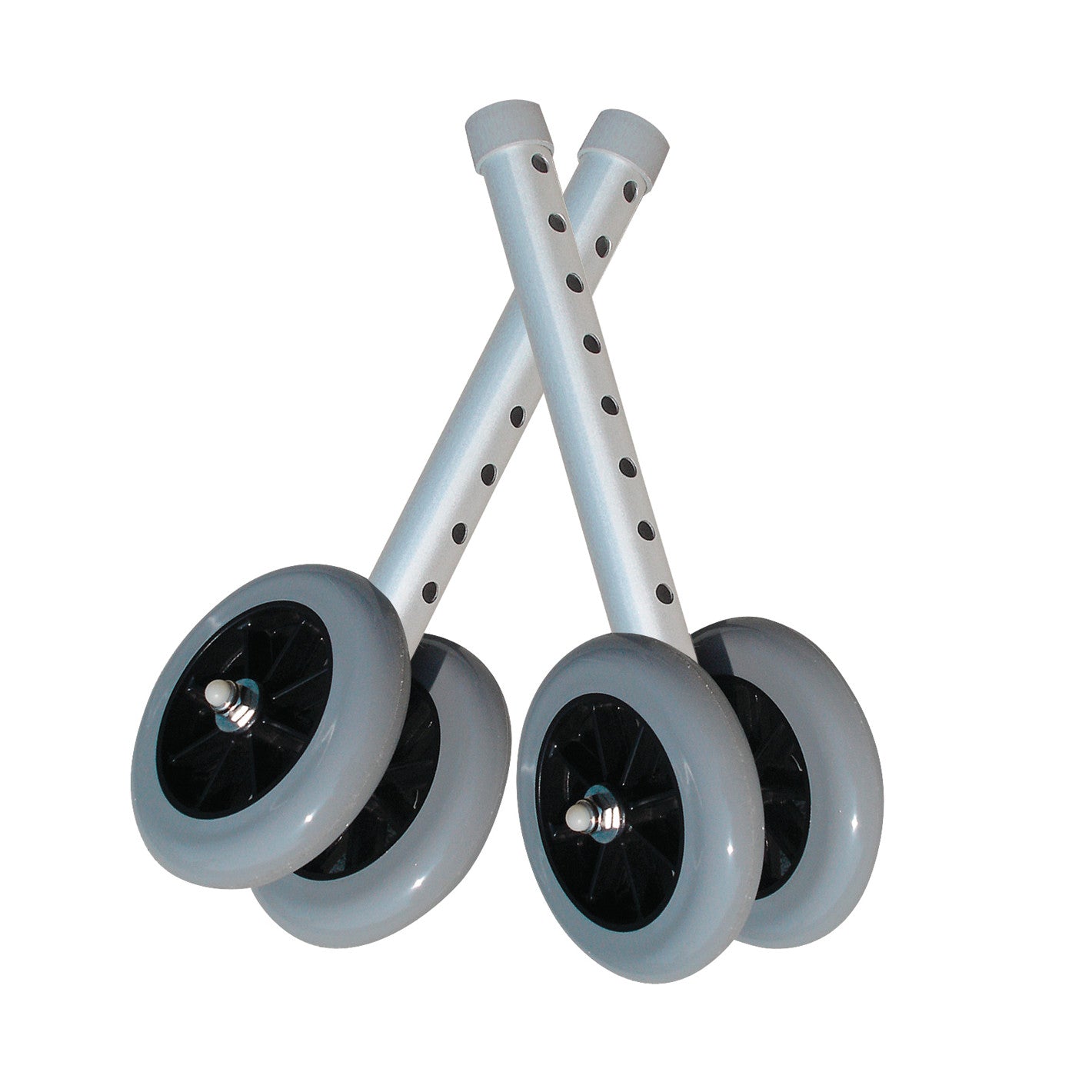 Pair of Drive Medical Bariatric Walker Wheels with Glide Caps, featuring gray wheels and silver tubes with holes for adjustment.