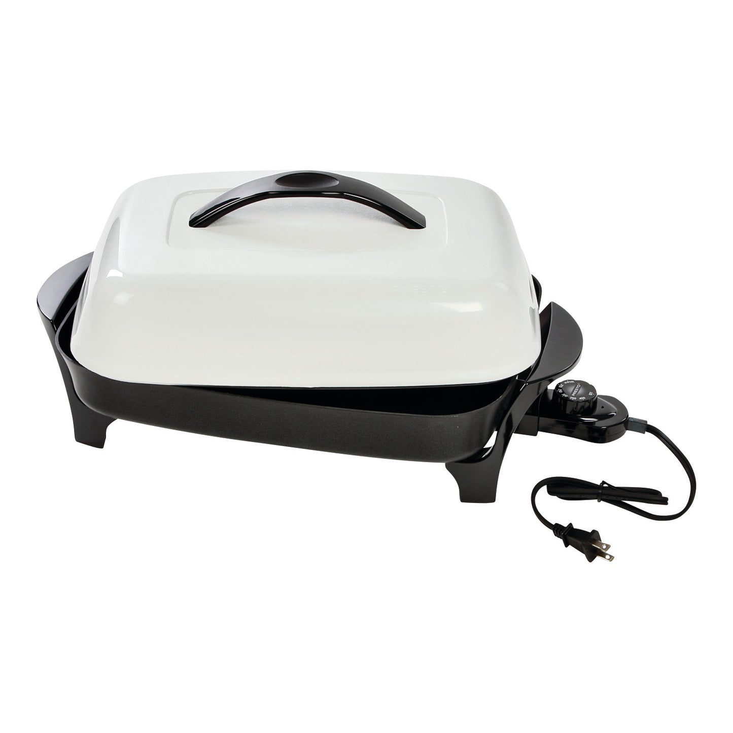 An Electric Fry Pan with a white lid, black base, and adjustable temperature control. The cord is attached for plugging in.