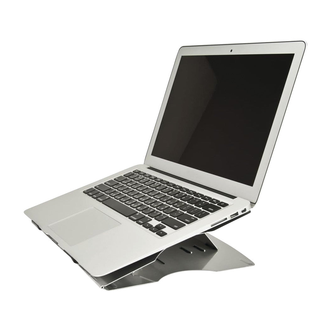 A silver laptop on an AIData Swivel Laptop Holder, which is angled for ergonomic viewing and supports ventilation.
