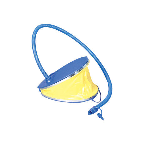 A blue and yellow Foot Pump with a flexible hose attached, designed for inflating objects like air mattresses or inflatable toys.