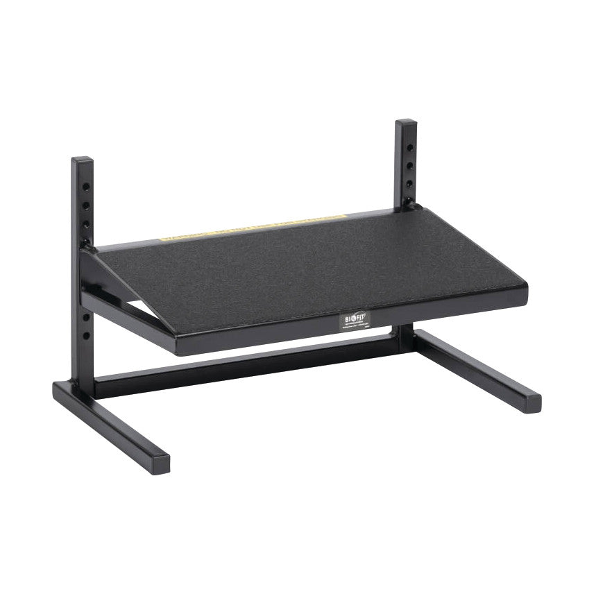 Black BioFit ESD Factory Footrest with adjustable height and textured surface, supported by a metal frame and level feet.