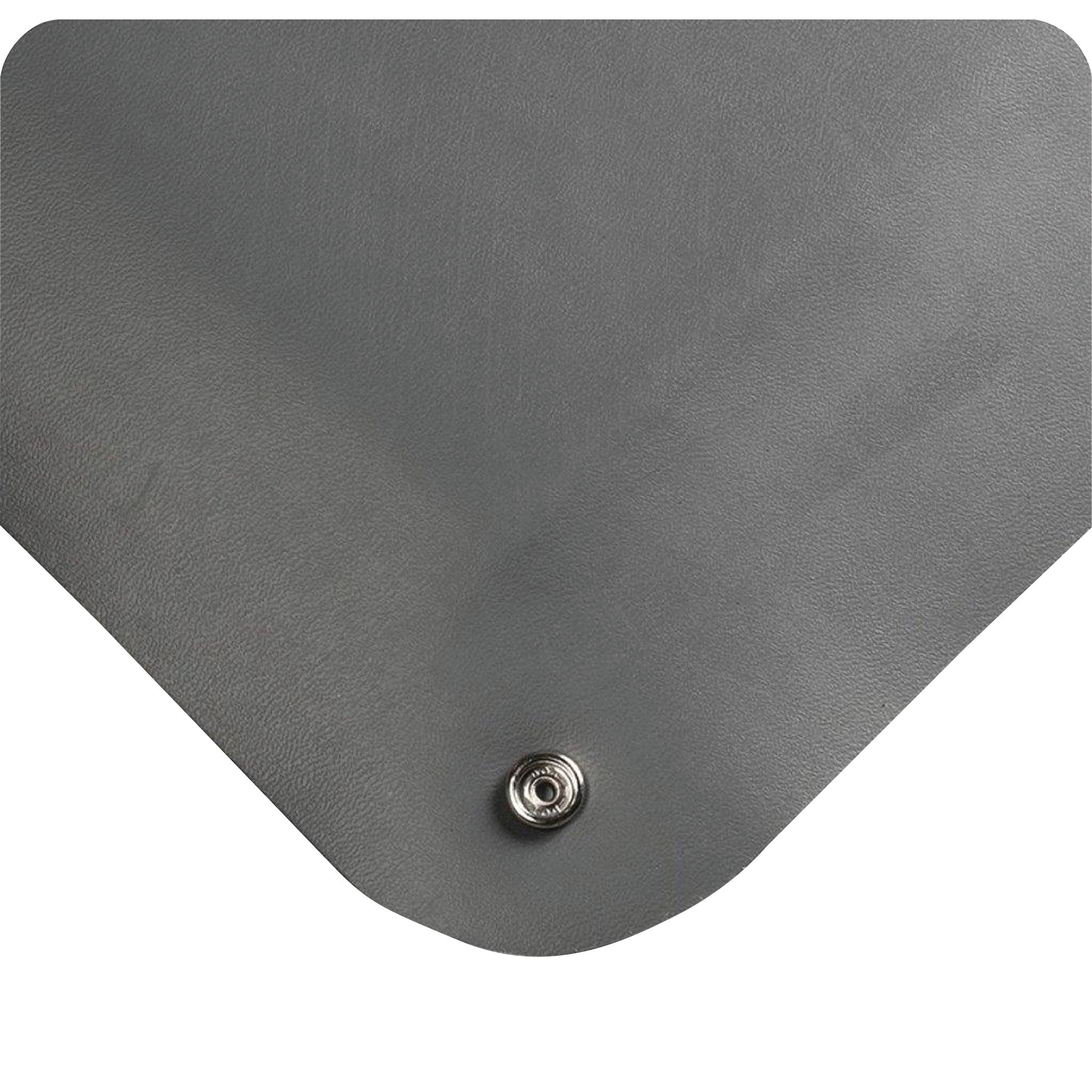 Close-up of the Wearwell ESD Anti-Fatigue Mat, showing a gray textured surface with a rounded corner and a metal snap button.