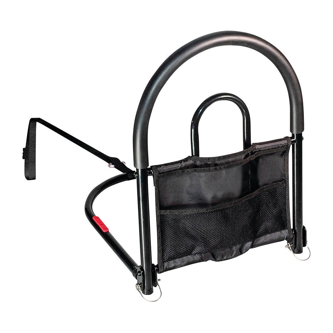 The Bed Rail Advantage Traveler features a black metal frame with a U-shaped top handle and an attached storage pouch.