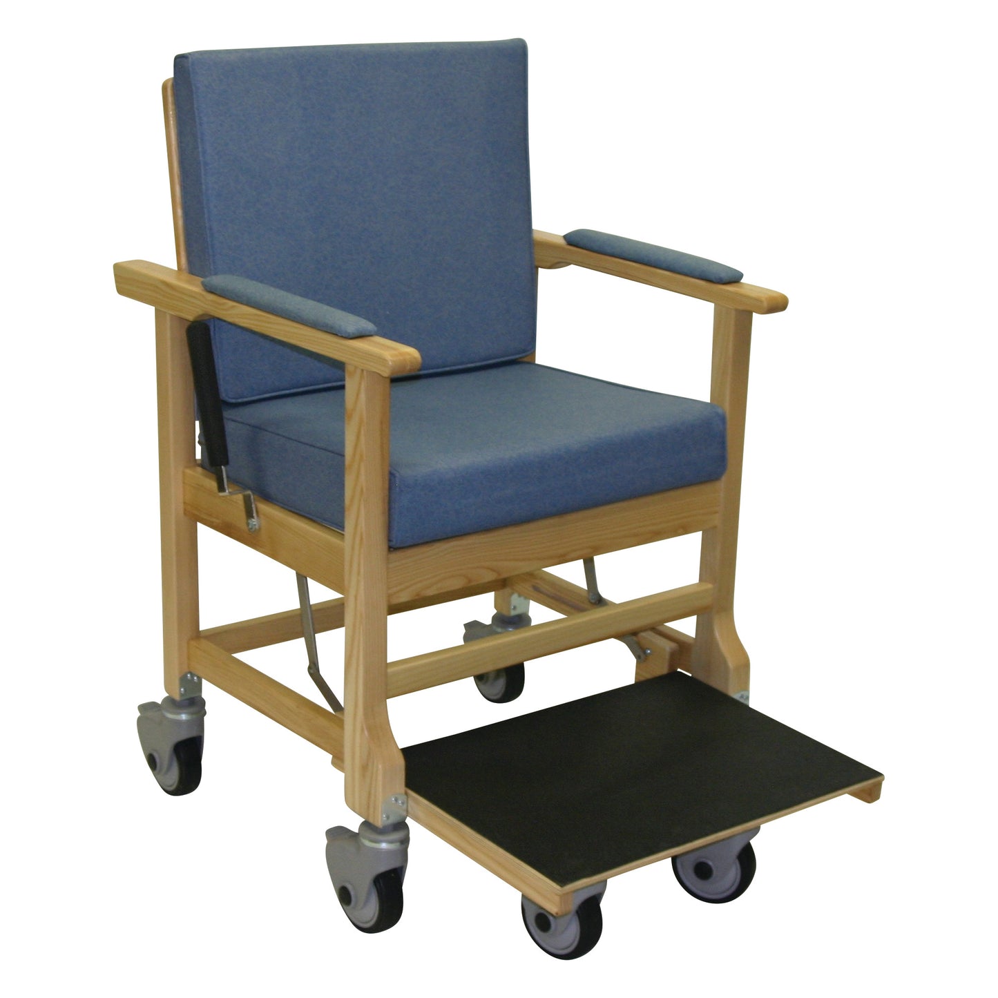 EZ-UP Bariatric Transport/Day Chair with a blue cushioned seat and backrest, wooden frame, armrests, and wheels.