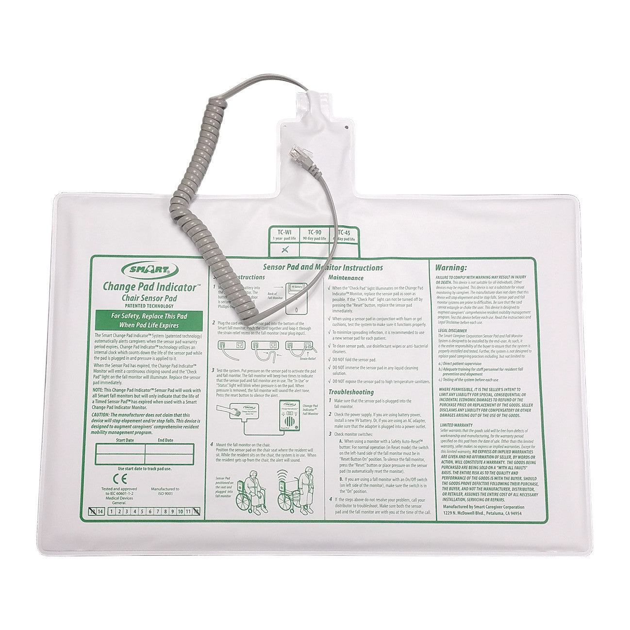 Smart Caregiver Timed Bed Sensor Pad with a coiled cord, featuring printed instructions and safety information in green text.