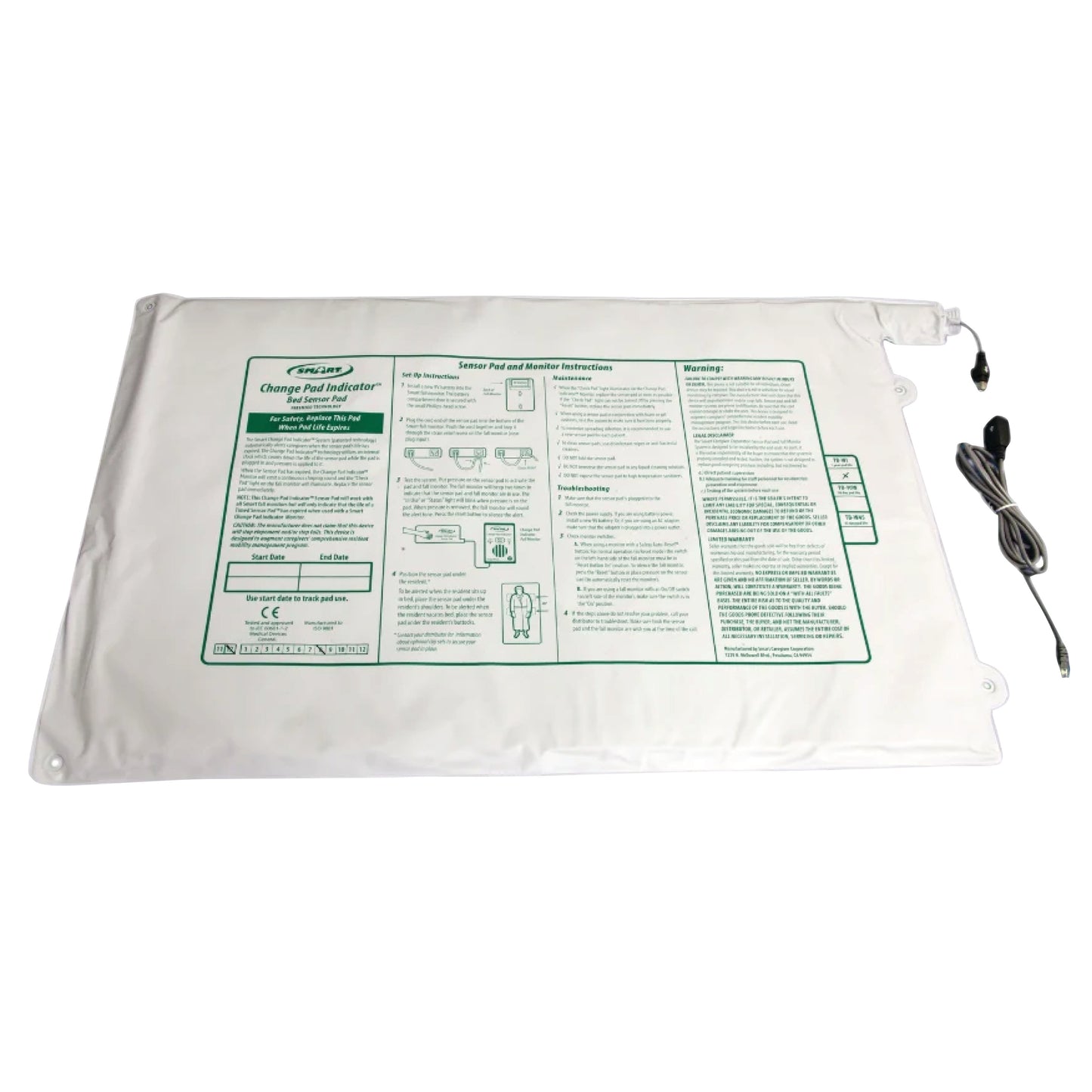 Smart Caregiver Timed Bed Sensor Pad with printed instructions and a connected cord for monitoring.
