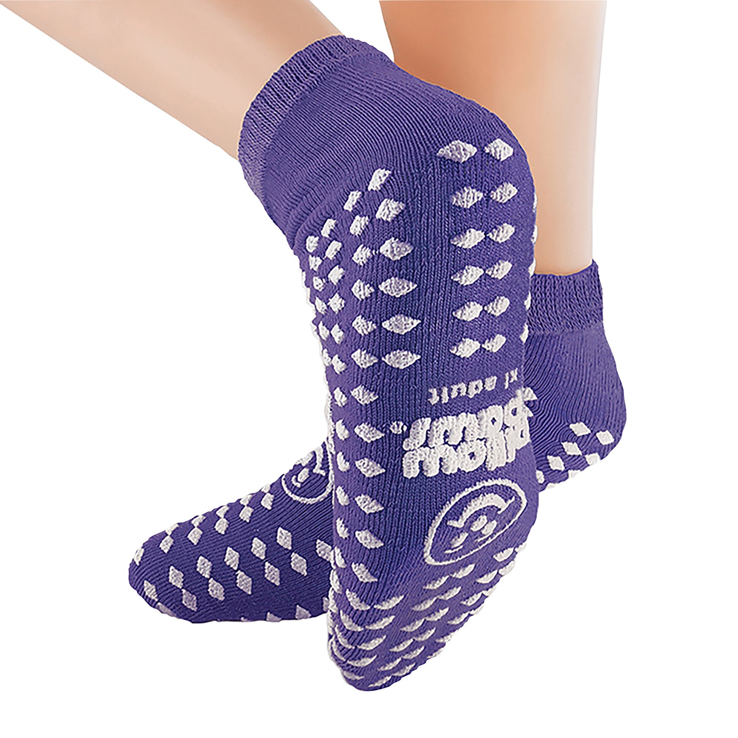 Purple socks with white rubber grips and text on bottom. Product name: Pillow Paws Double Print Risk-Alert Socks.