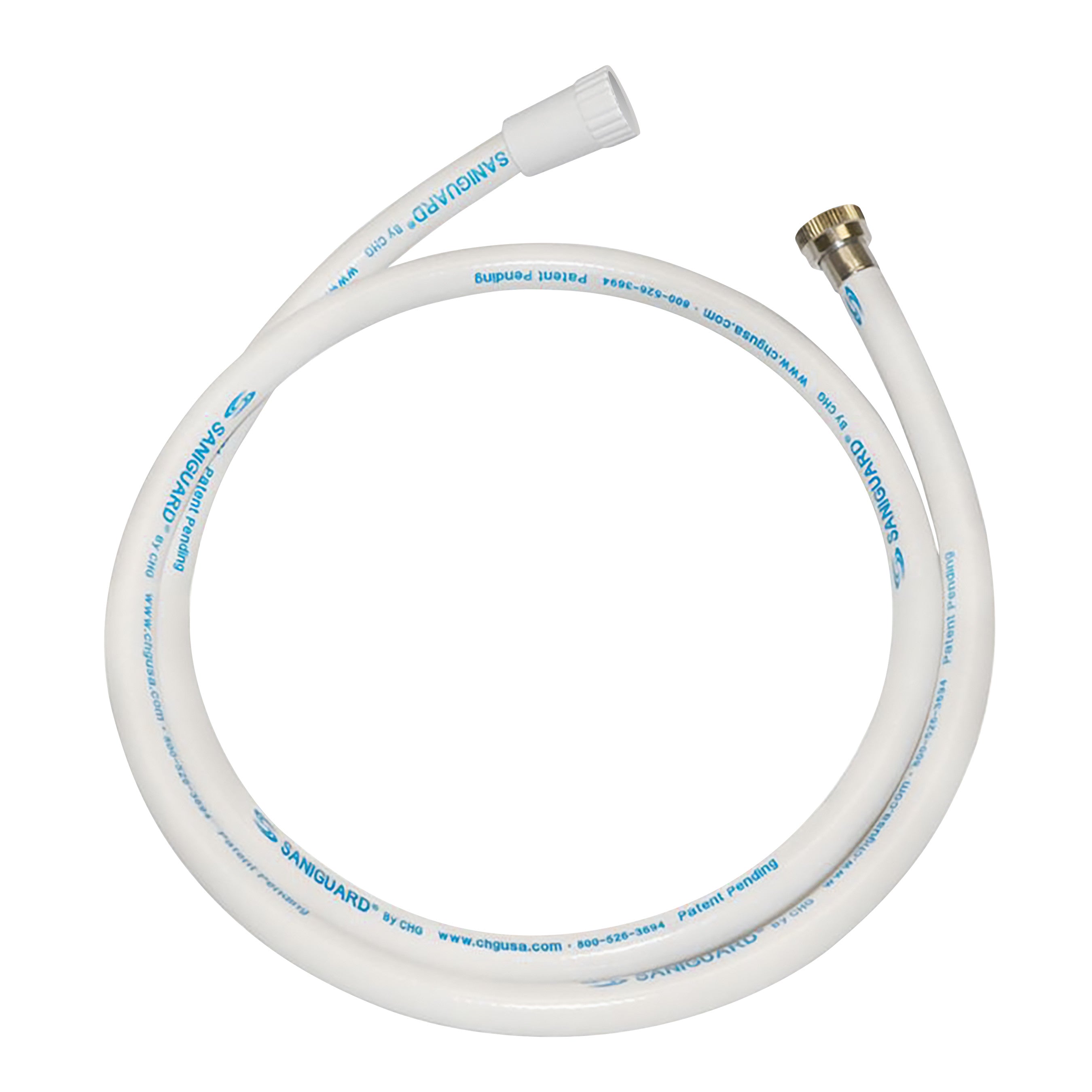 White Hose for Encore SaniShower Eco-Friendly Hand Shower with blue text. It has threaded ends for connection.