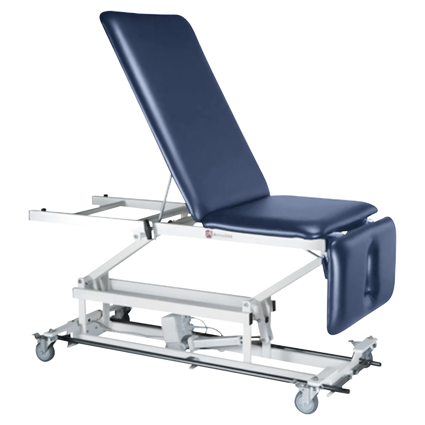 The Armedica AM-BA350 Treatment Table features adjustable sections, cushioned upholstery, and caster wheels for mobility.