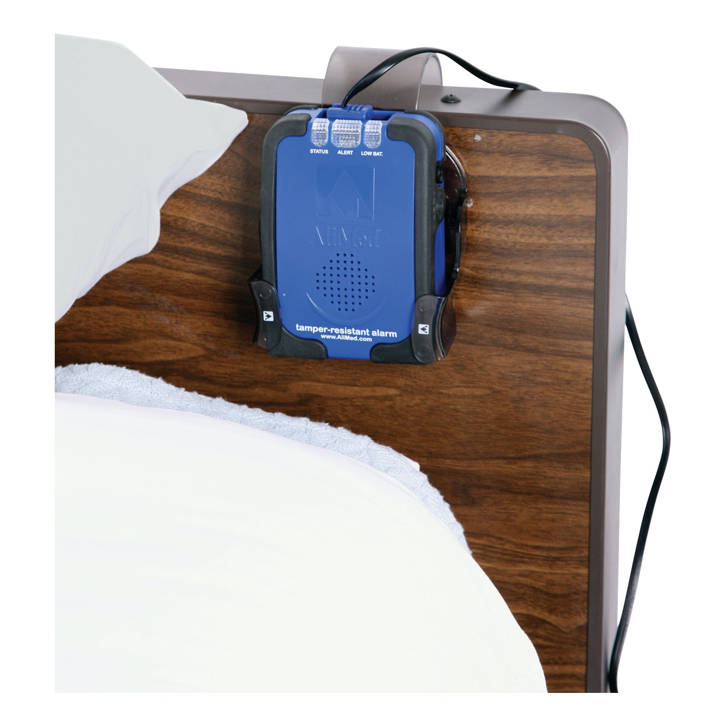 The AliMed Universal Alarm Mount Kit attaches a tamper-resistant alarm to a bed's wooden headboard.