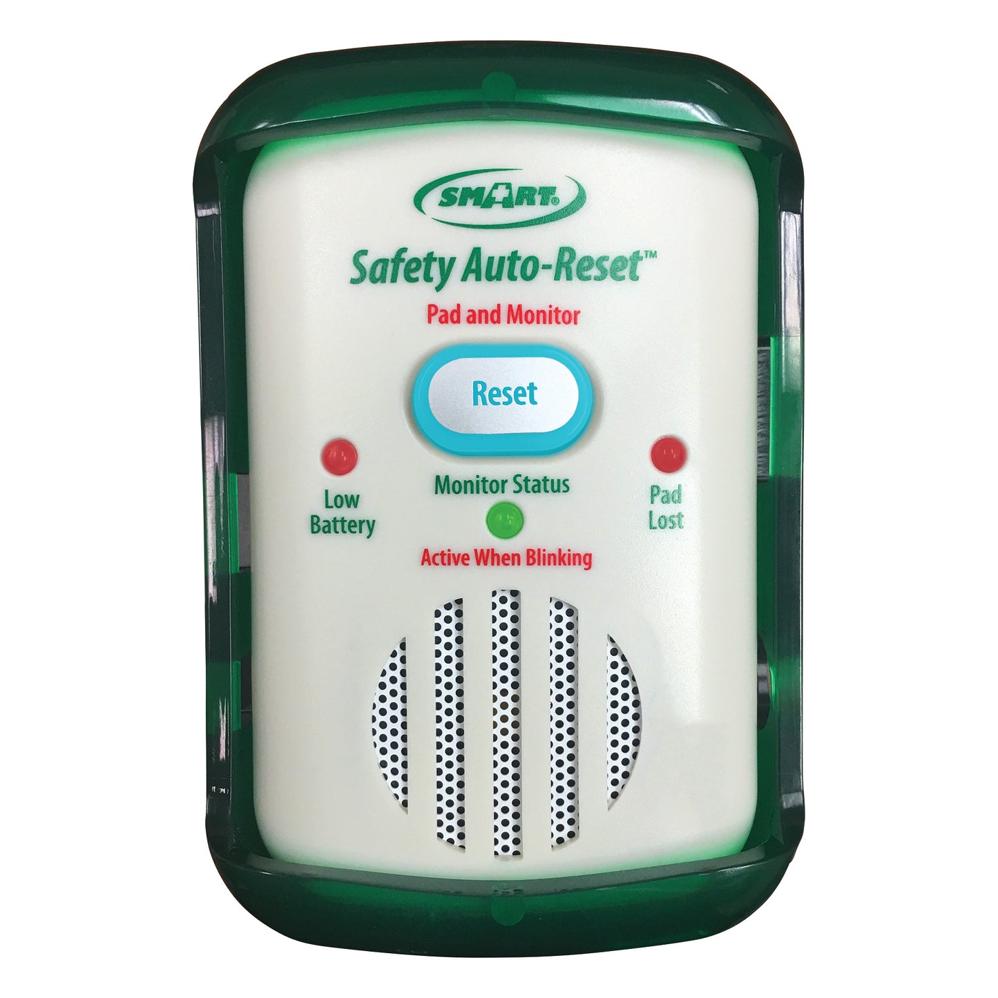 The Smart Caregiver Safety Auto-Reset Alarm has a Reset button, status indicators for low battery and pad loss, and speaker vents.