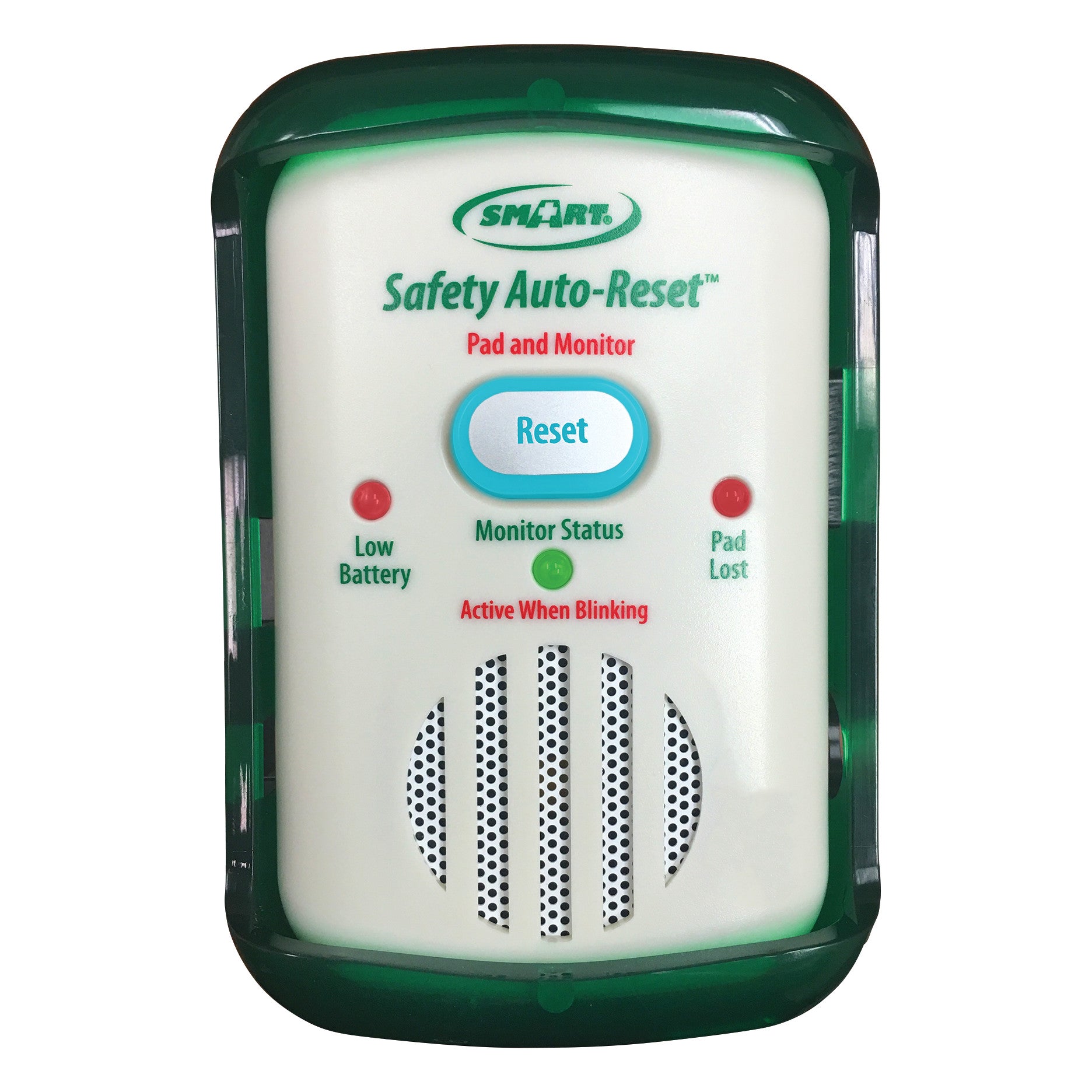 The Smart Caregiver Safety Auto-Reset Alarm has a Reset button, status indicators for low battery and pad loss, and speaker vents.