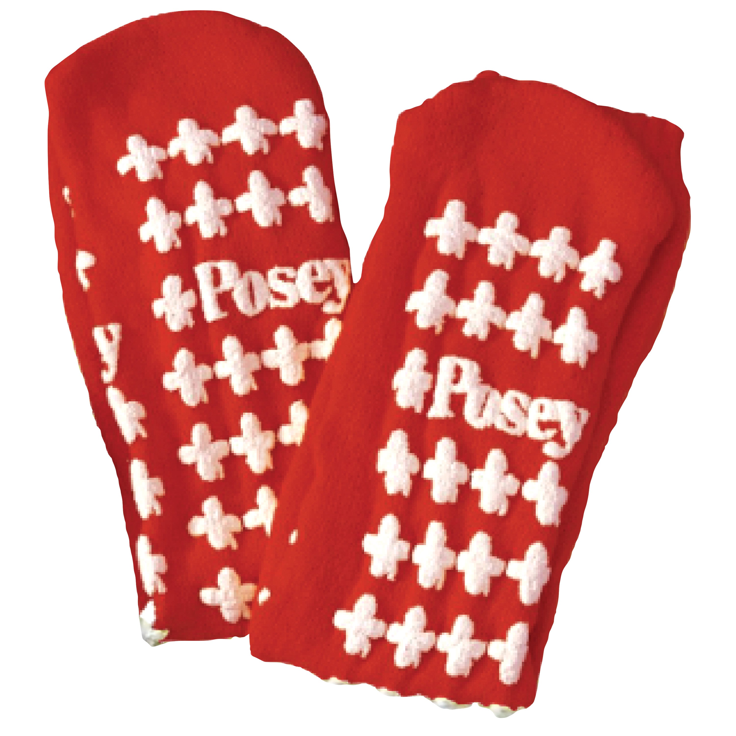 Red Posey Fall Management Socks with white gripper patterns and "Posey" text, designed to prevent falls.