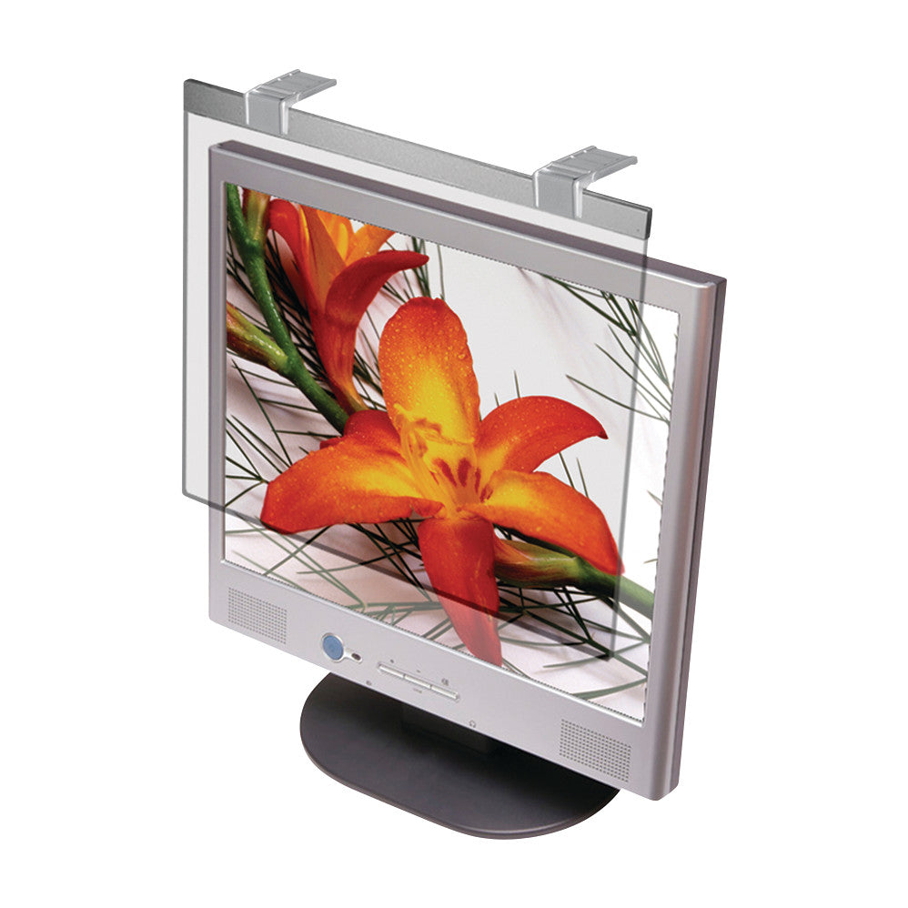 A monitor displays an orange flower, fitted with the Kantek LCD Protect Anti-Glare Filter, showing its clear screen coverage.