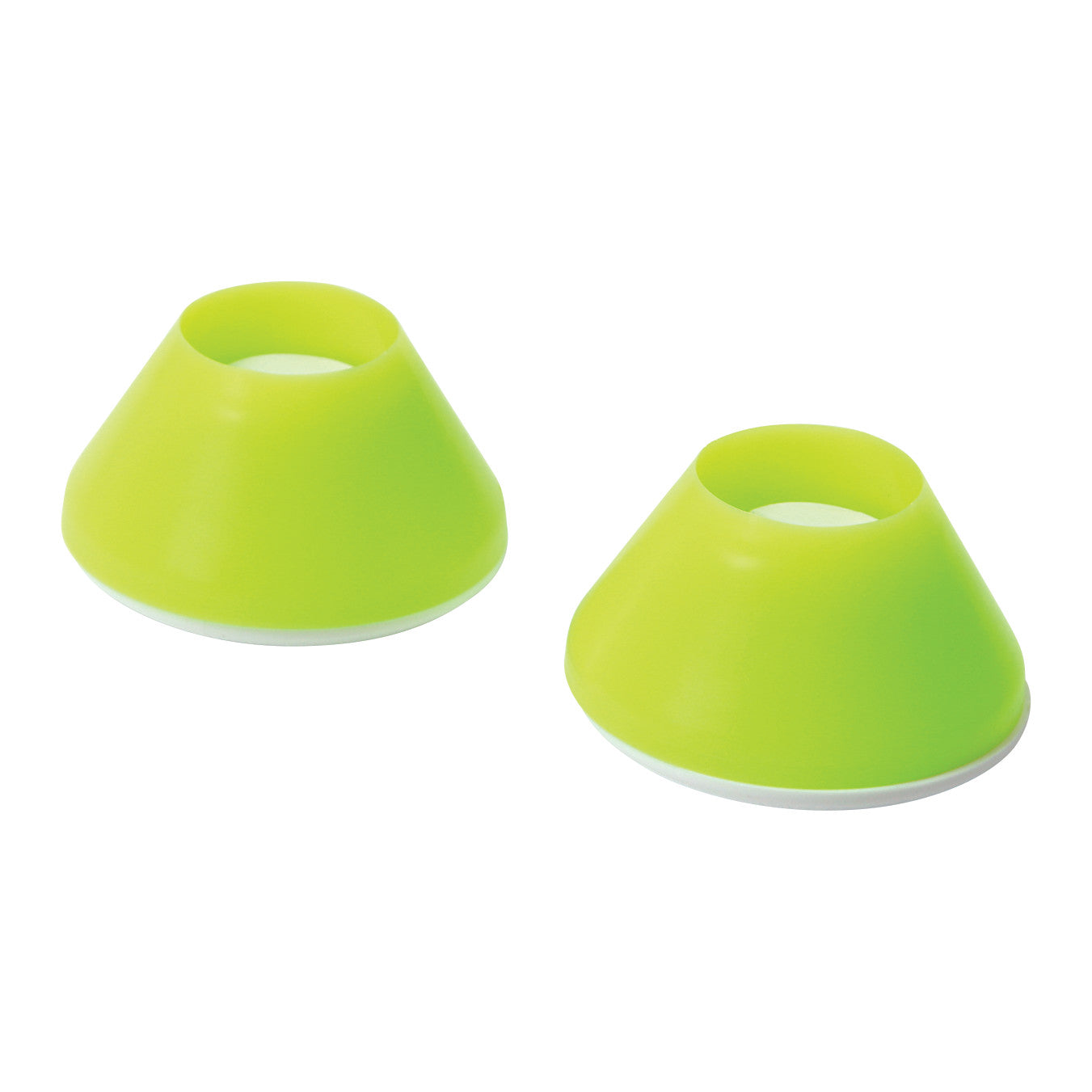 A pair of bright green, conical Walker Coaster Set pieces with a hole in the center, designed for easy mobility aid attachment.