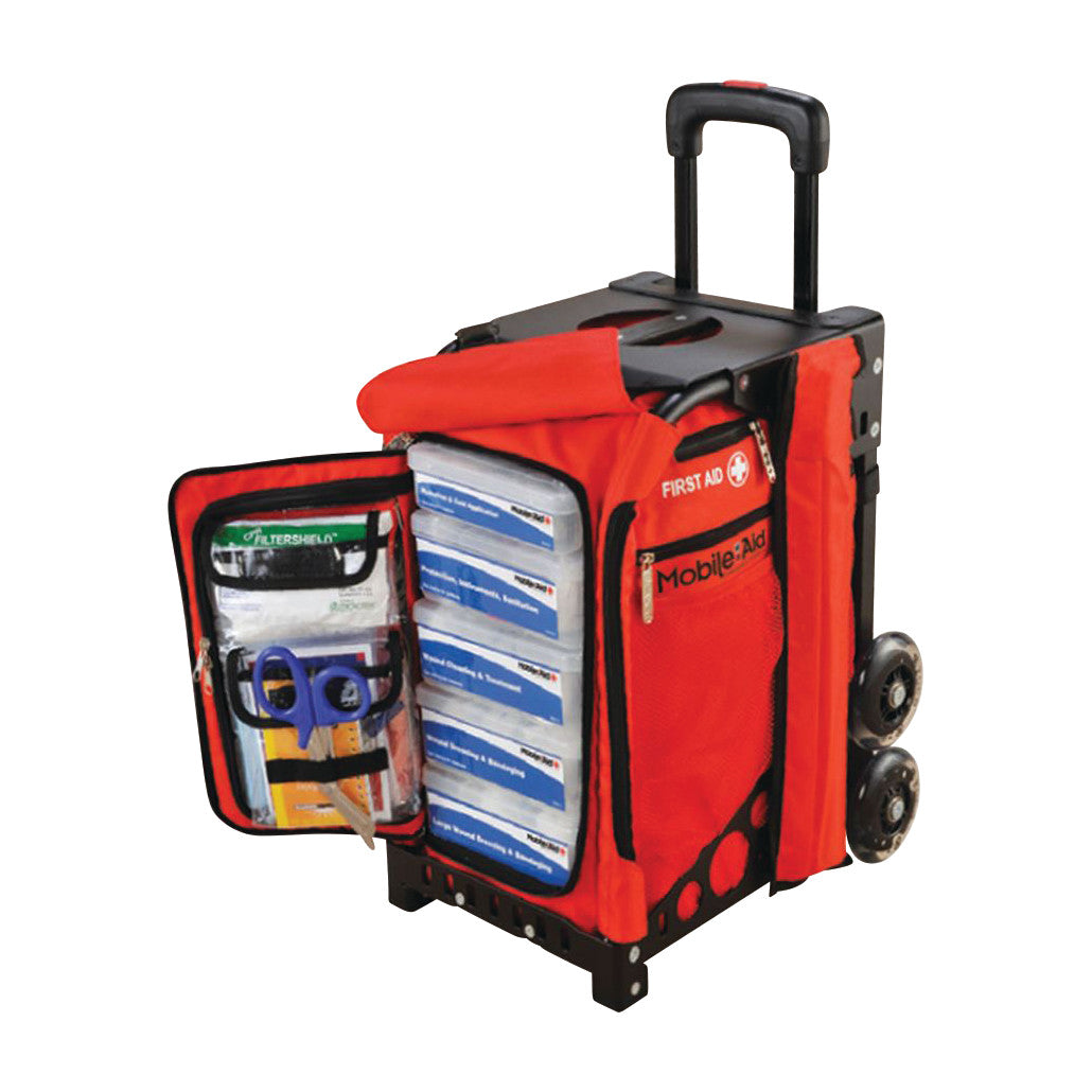 Red MobileAid Trauma First Aid Station with multiple compartments and supplies, featuring a handle and wheels for easy transport.