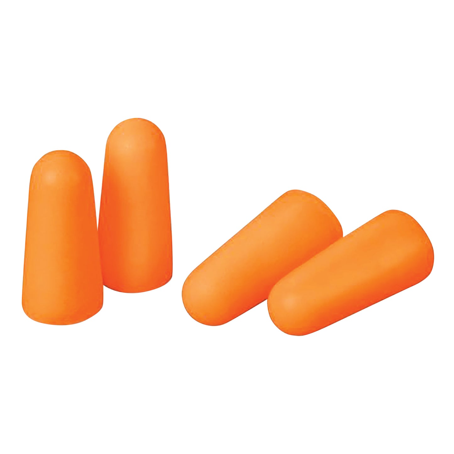 Four Uline Uncorded Foam Bullet Earplugs in bright orange are displayed against a white background.