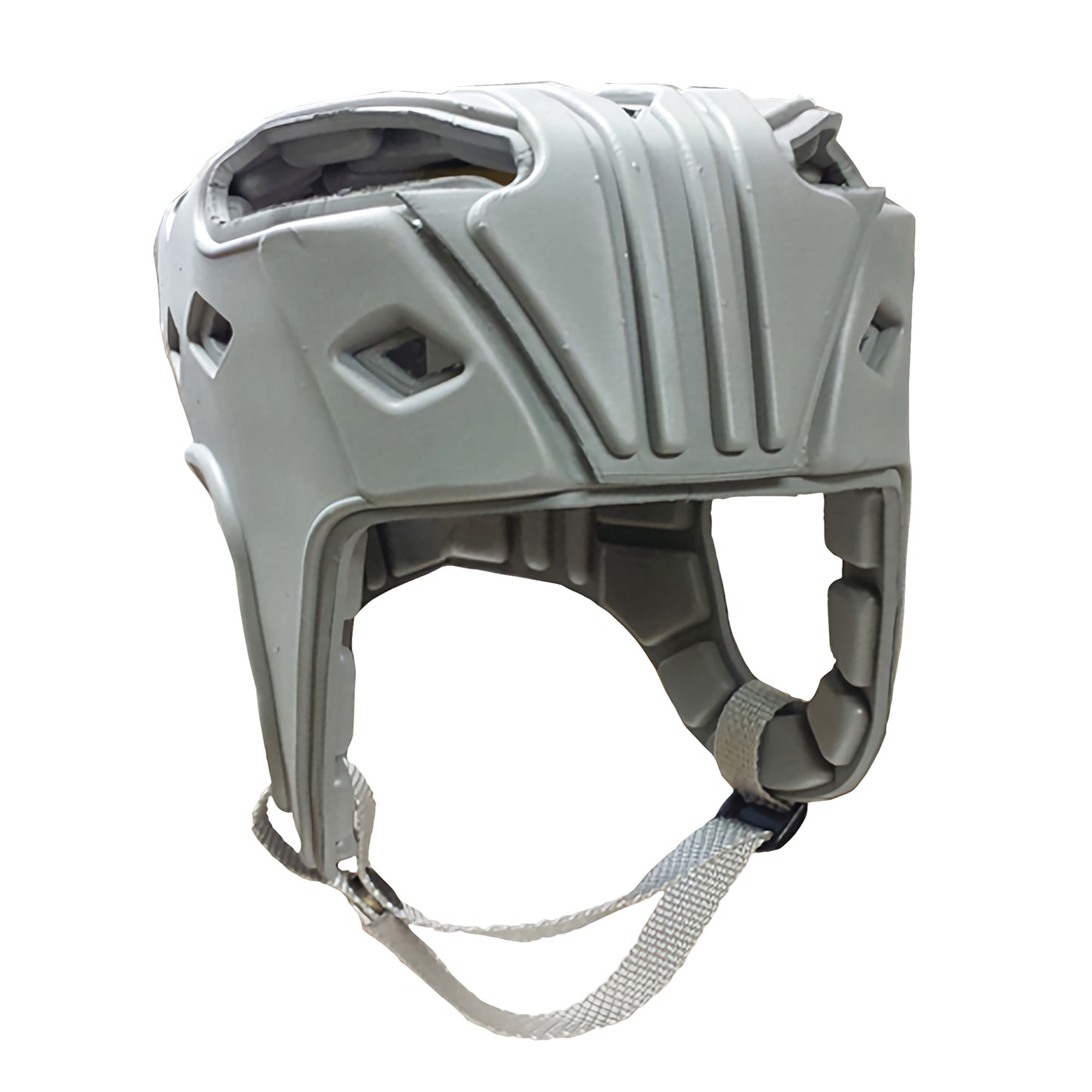Gray protective helmet with ventilation holes and chin strap. It's labeled as Danmar Products Soft Comfy Cap.