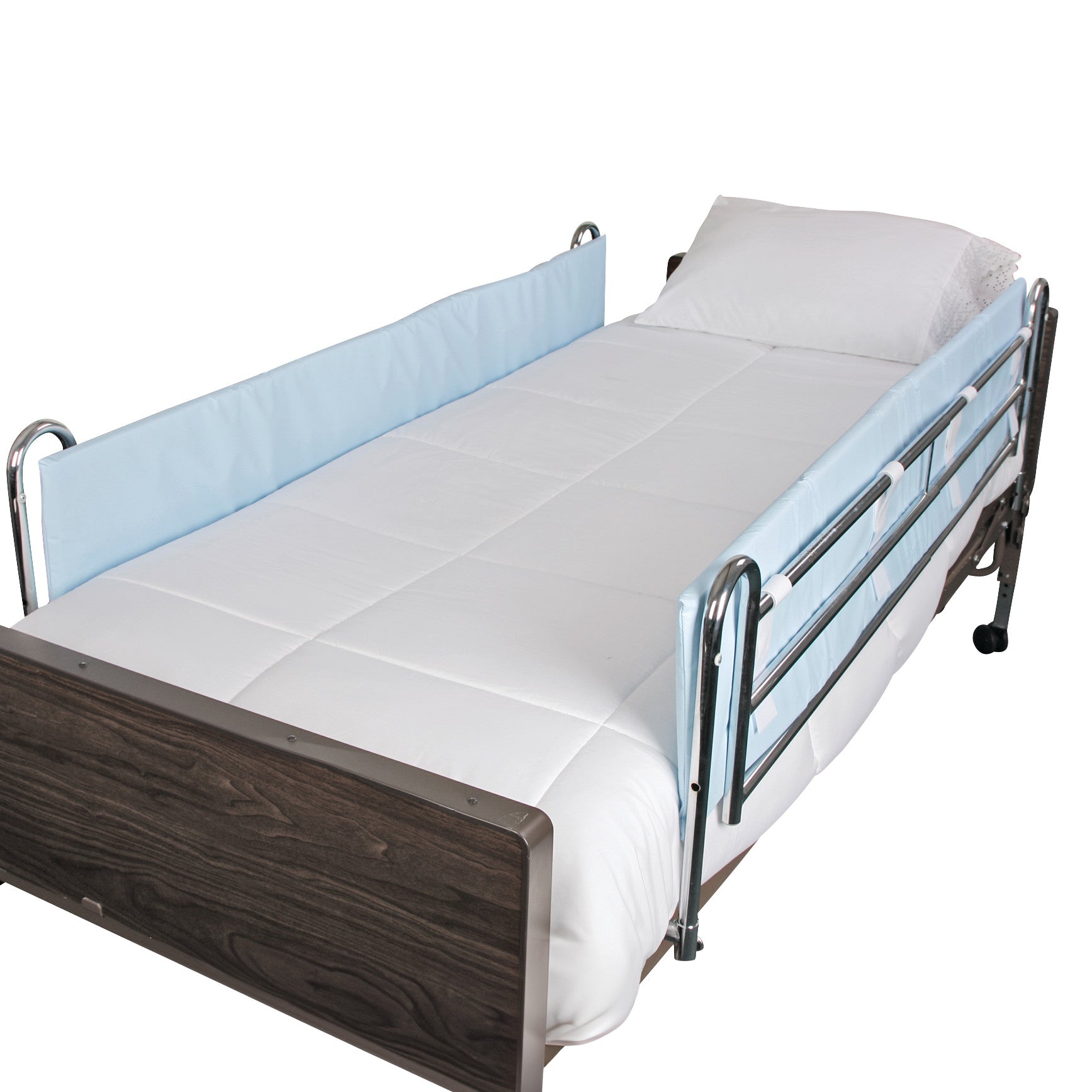 Hospital bed with NYOrtho Side Rail Bumper, featuring padded rails for patient safety and a white sheet with a pillow.