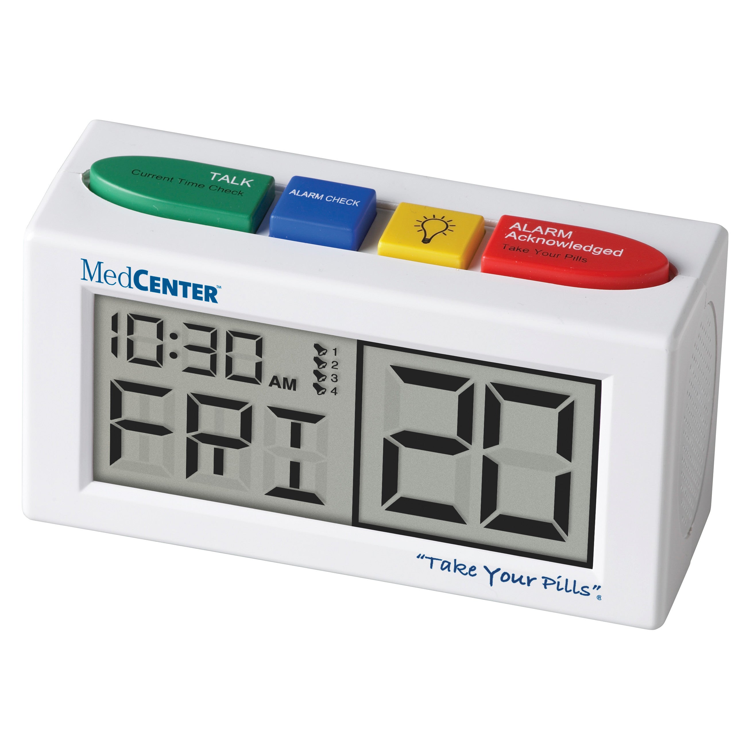 The MedCenter Talking Alarm Clock displays time, day, and date. It features colored buttons and "Take Your Pills" text.