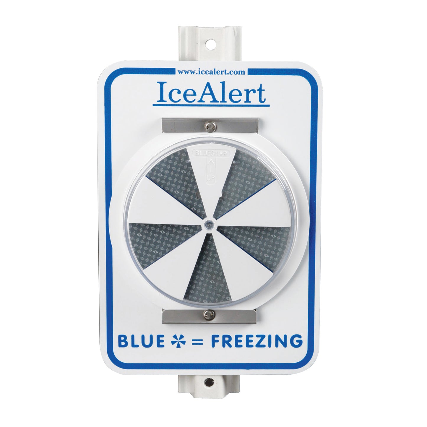 The IceAlert System displays a circular temperature indicator with blue sections. Text reads: "BLUE = FREEZING."