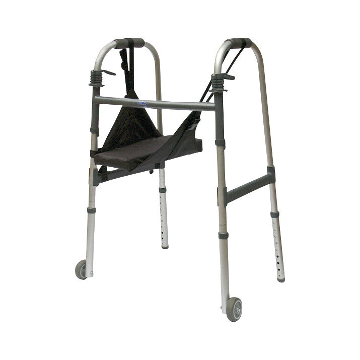 A SafetySure The Knee Sling is attached to a walker with padded bars and wheels, providing support for knee injuries.