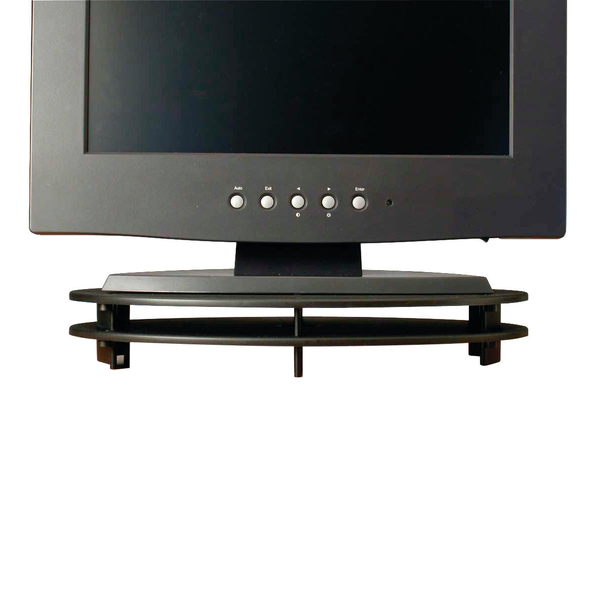 A flat screen monitor sits on a VuRyser 8800 Flat Screen Monitor Riser, featuring a two-tiered black platform design.