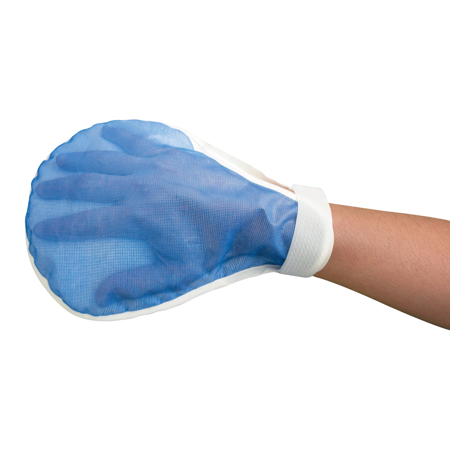 A person's arm is wearing an AliMed Soft Hand Guard Protective Mitt, featuring a blue mesh design with a white wrist strap.