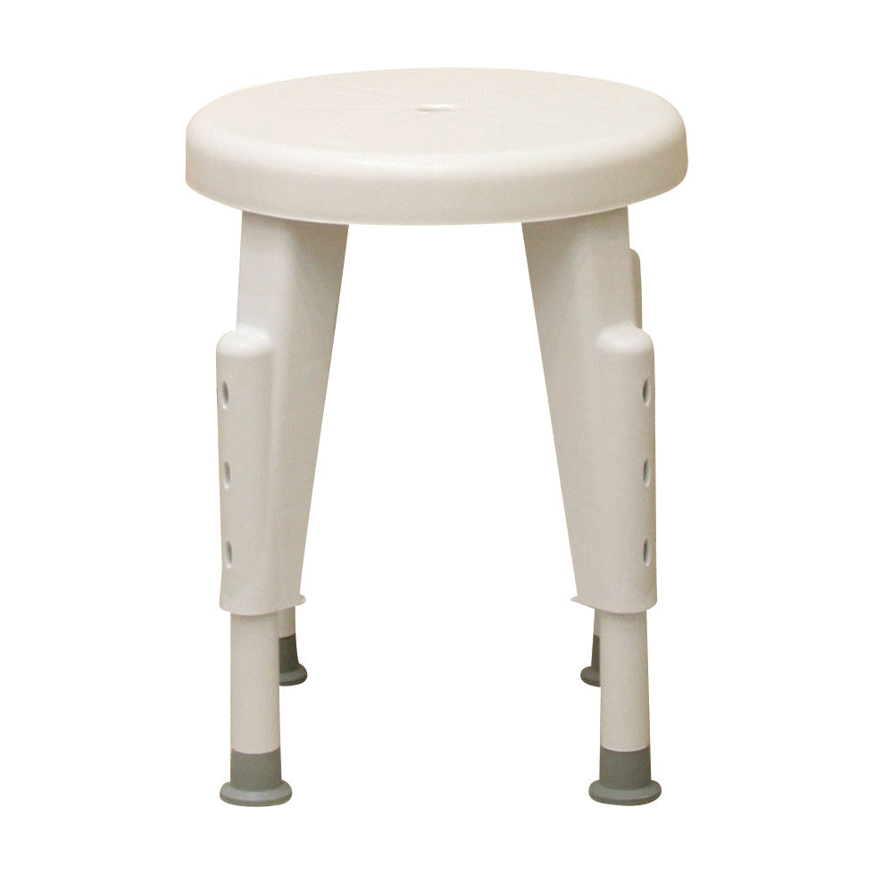 A white shower stool with adjustable legs and rubber feet, designed for stability in wet environments.