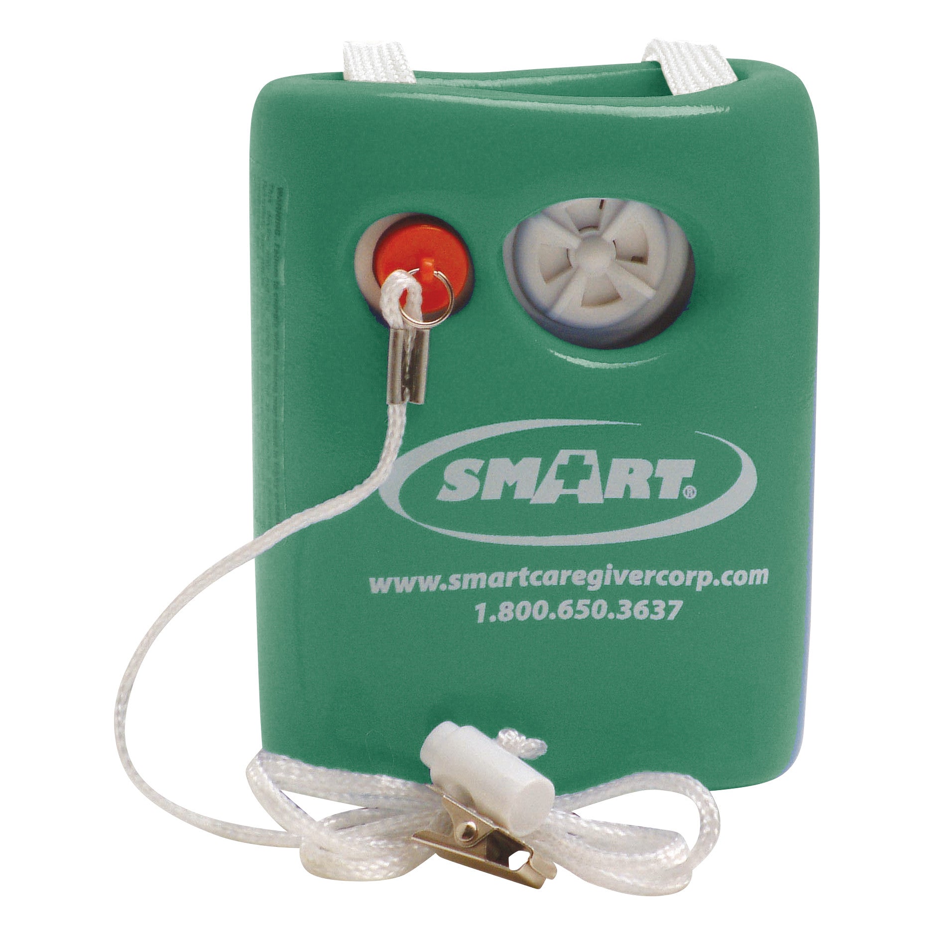 Smart Caregiver Easy-to-Use Lifetime Pull-String Alarm is a green device with a red button, cord, clip, and company logo.