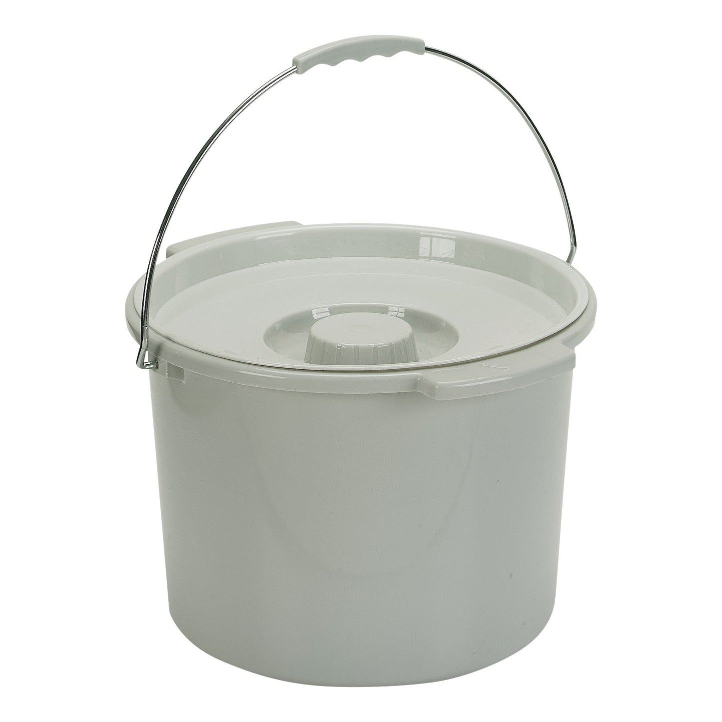 A gray Drive Medical Commode Bucket with Lid features a metal handle and a fitted cover for secure storage.