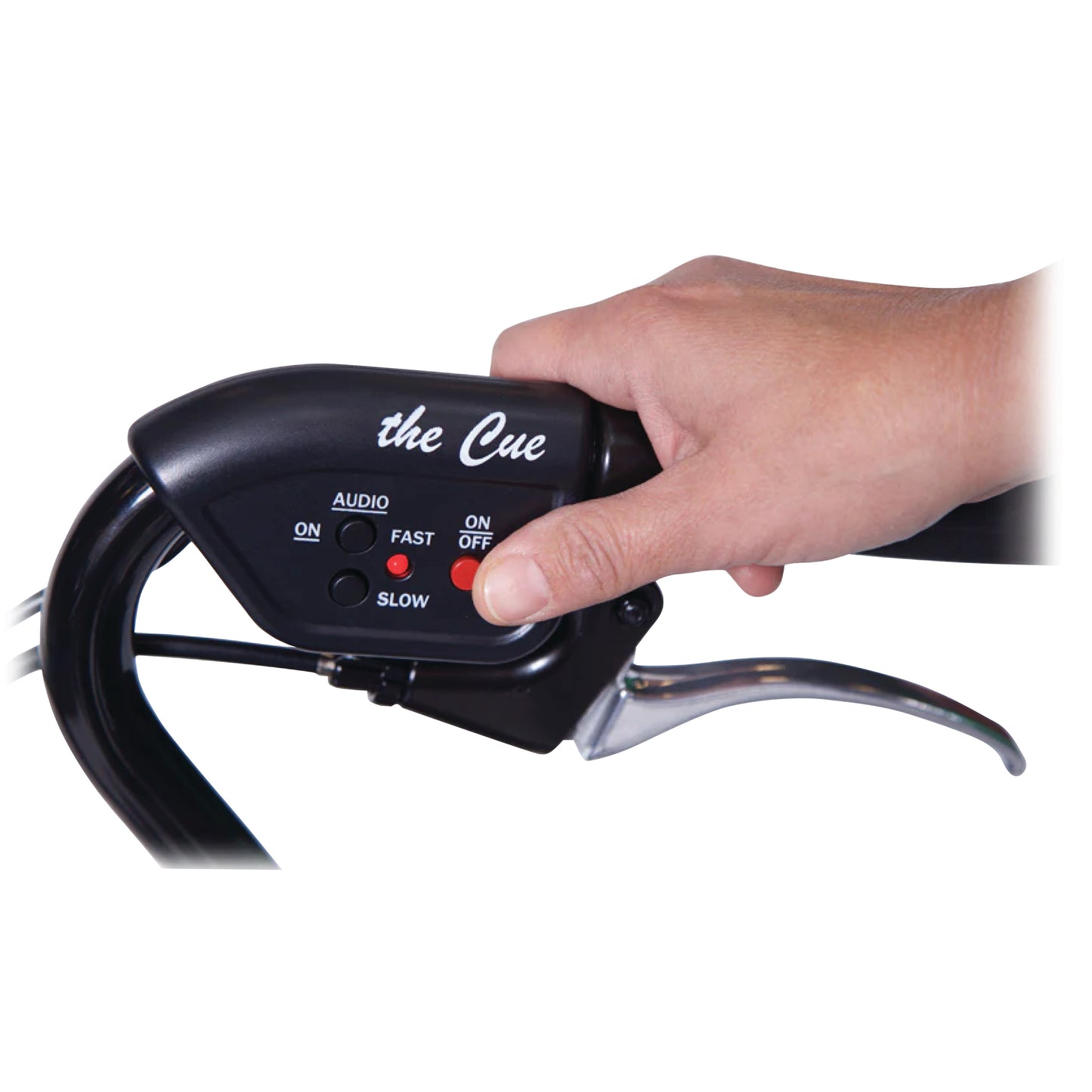 Hand holding the Laser/Sound Cueing Module for U-Step II Walking Stabilizer, showing audio controls and labeled "the Cue."