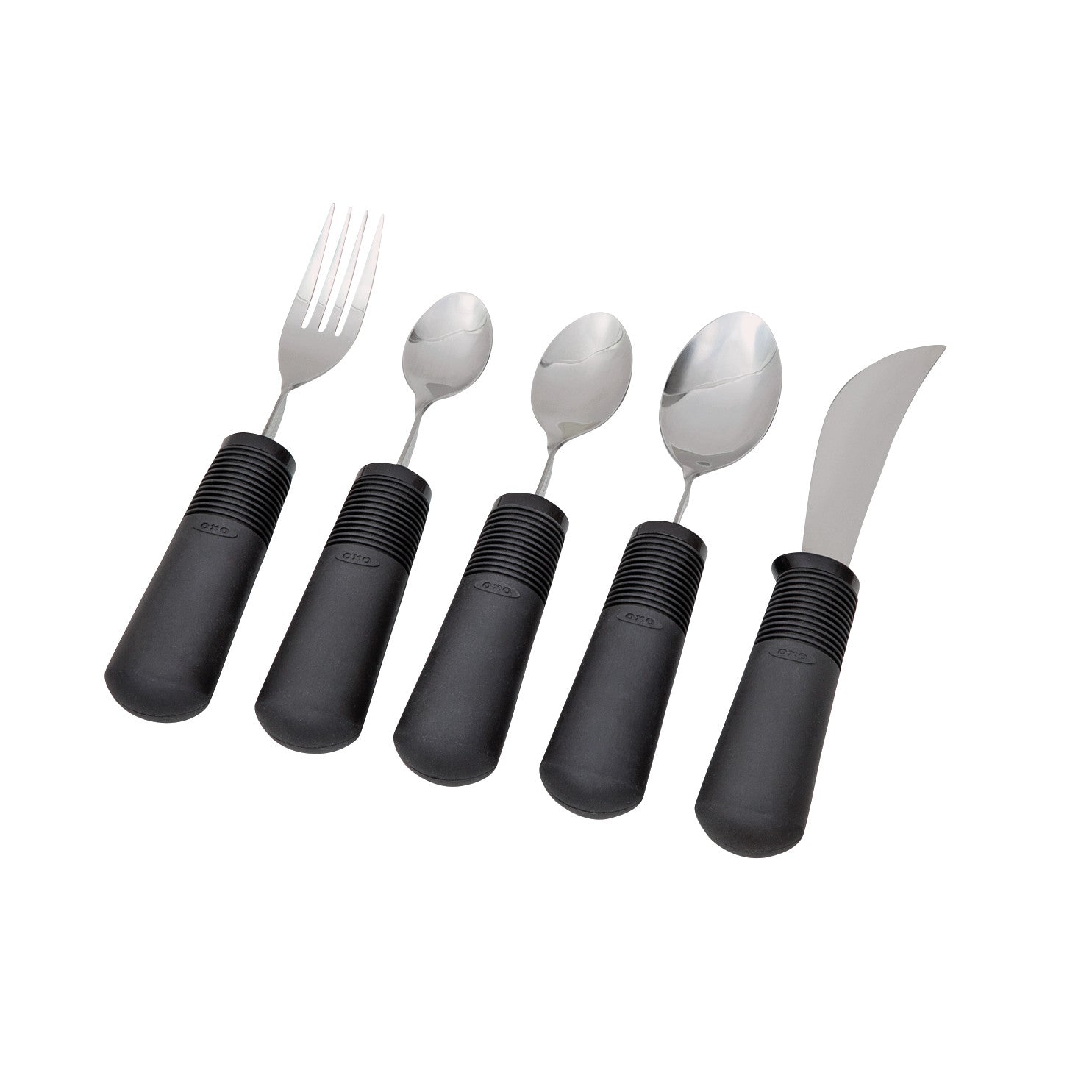 Five Good Grips Standard Utensils with large black rubber handles: a fork, two spoons, and two serrated knives.
