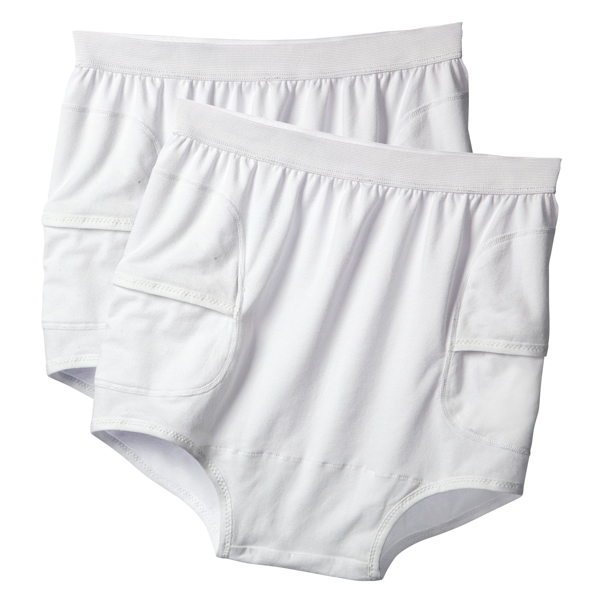Two white AliMed HipShield X-tra Hip Protectors with elastic waistbands and padded side panels are shown overlapping.