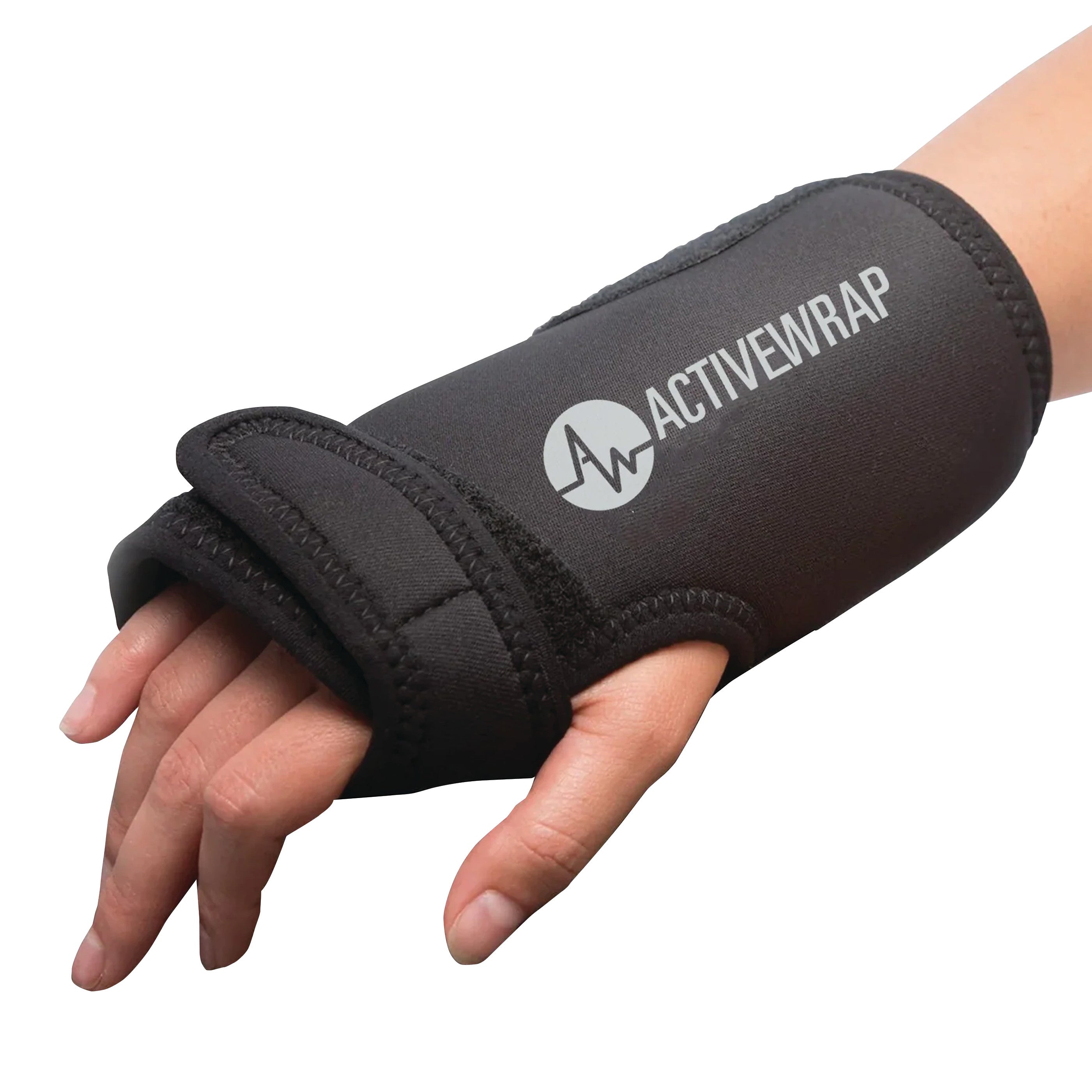 A hand wearing an "ActiveWrap" wrist brace, designed in black neoprene fabric for support and compression.