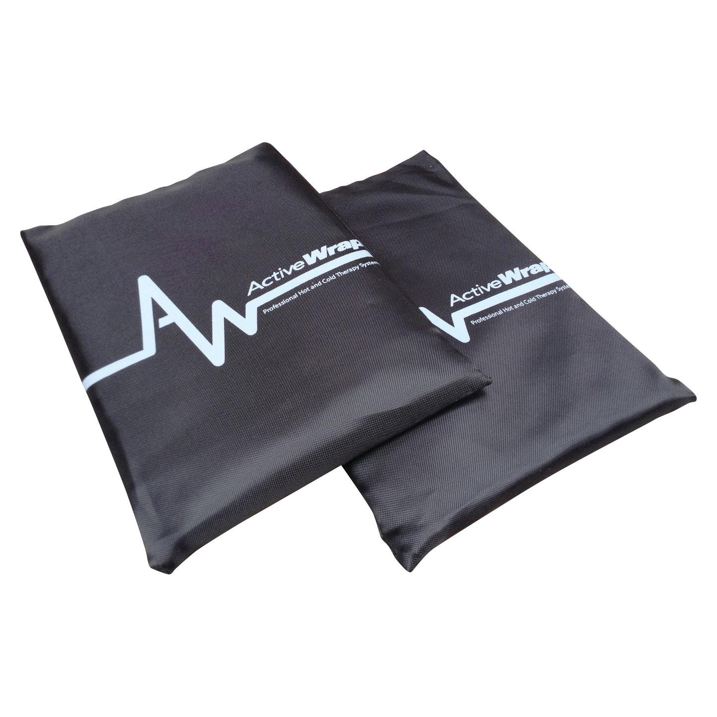 Two black rectangular Replacement Hot/Cold Packs for ActiveWrap, featuring a logo and text on the surface.