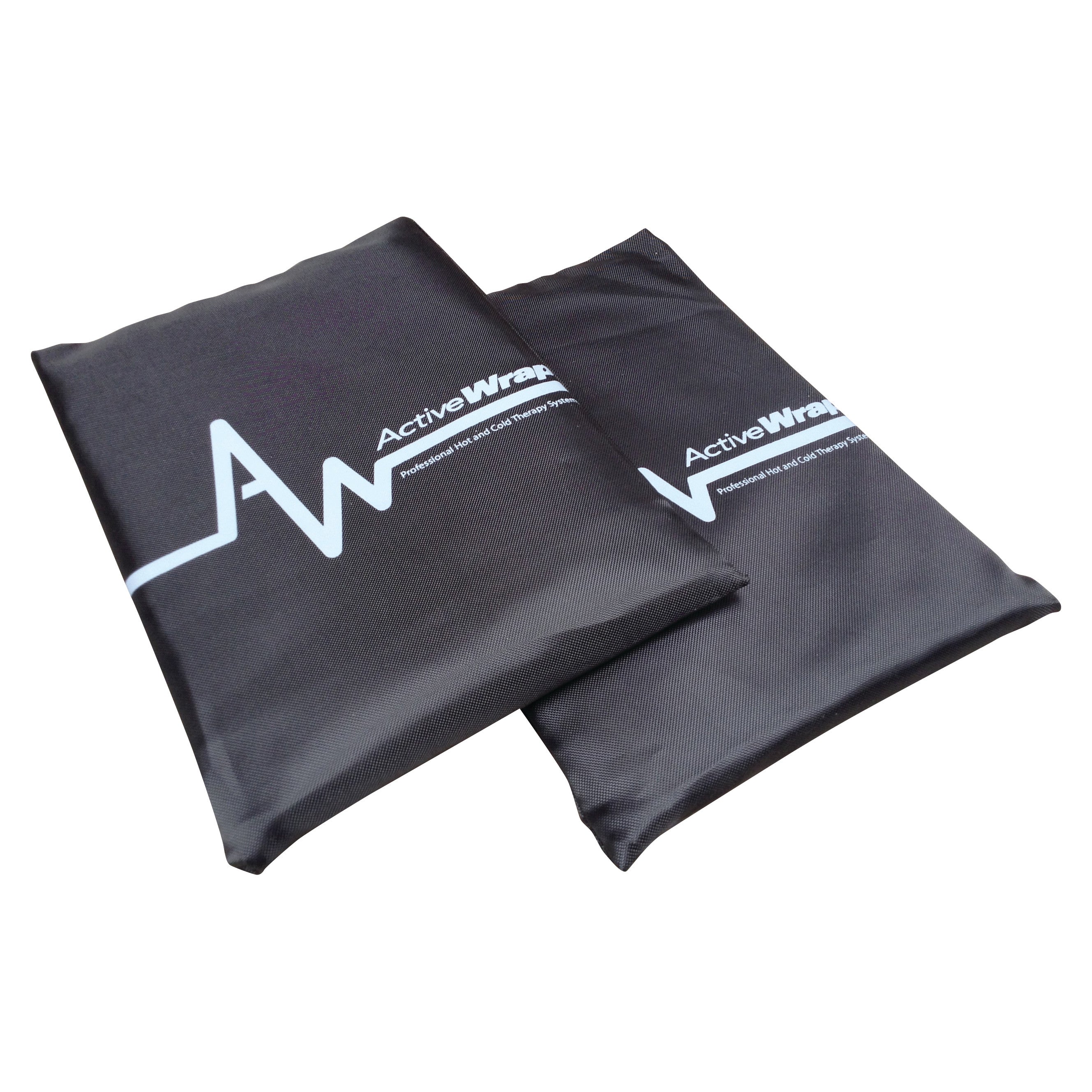 Two black rectangular Replacement Hot/Cold Packs for ActiveWrap, featuring a logo and text on the surface.