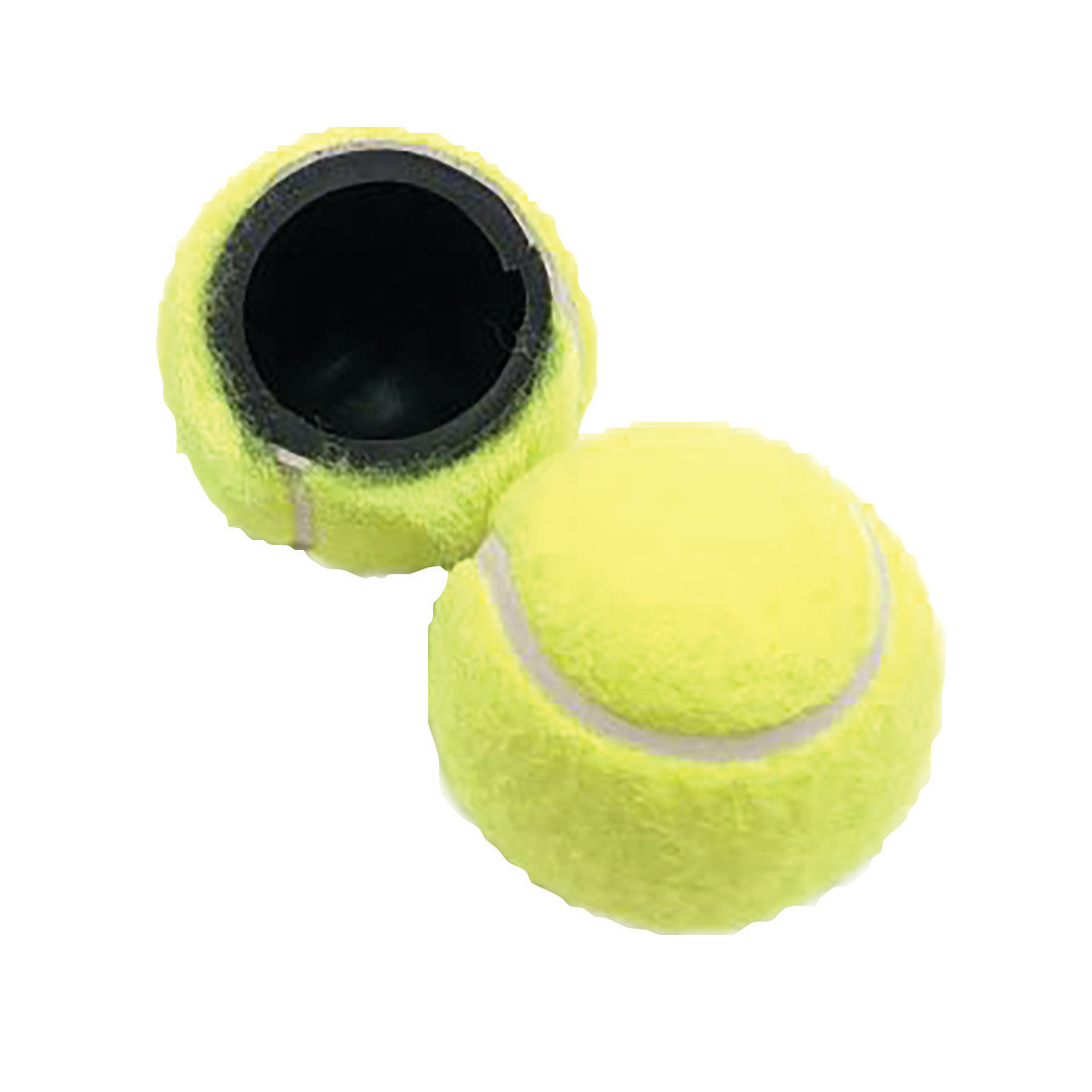 Two Replacement Tennis Balls for Therafin Walker Tennis Ball Glide, one cut open to show the hollow interior.