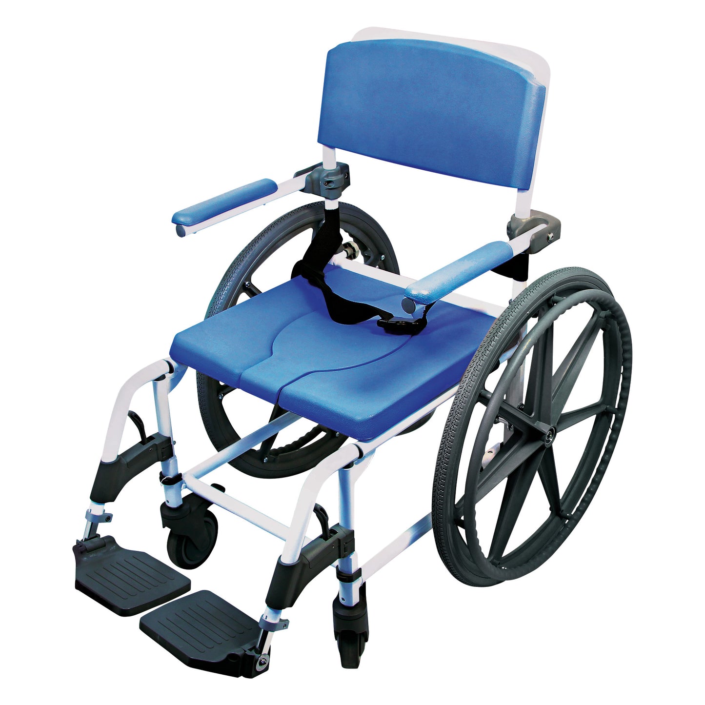 Healthline EZee Life Aluminum Shower-Commode Chair with blue seat, backrest, and armrests, large rear wheels, and footrests.