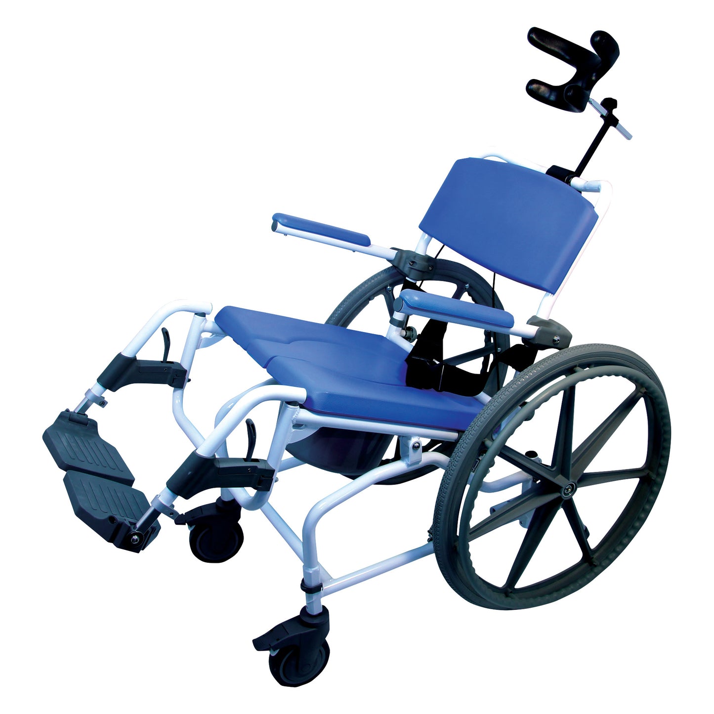 The Healthline EZee Life Aluminum Tilt Shower Commode Chair features a blue padded seat, adjustable backrest, and footrests.