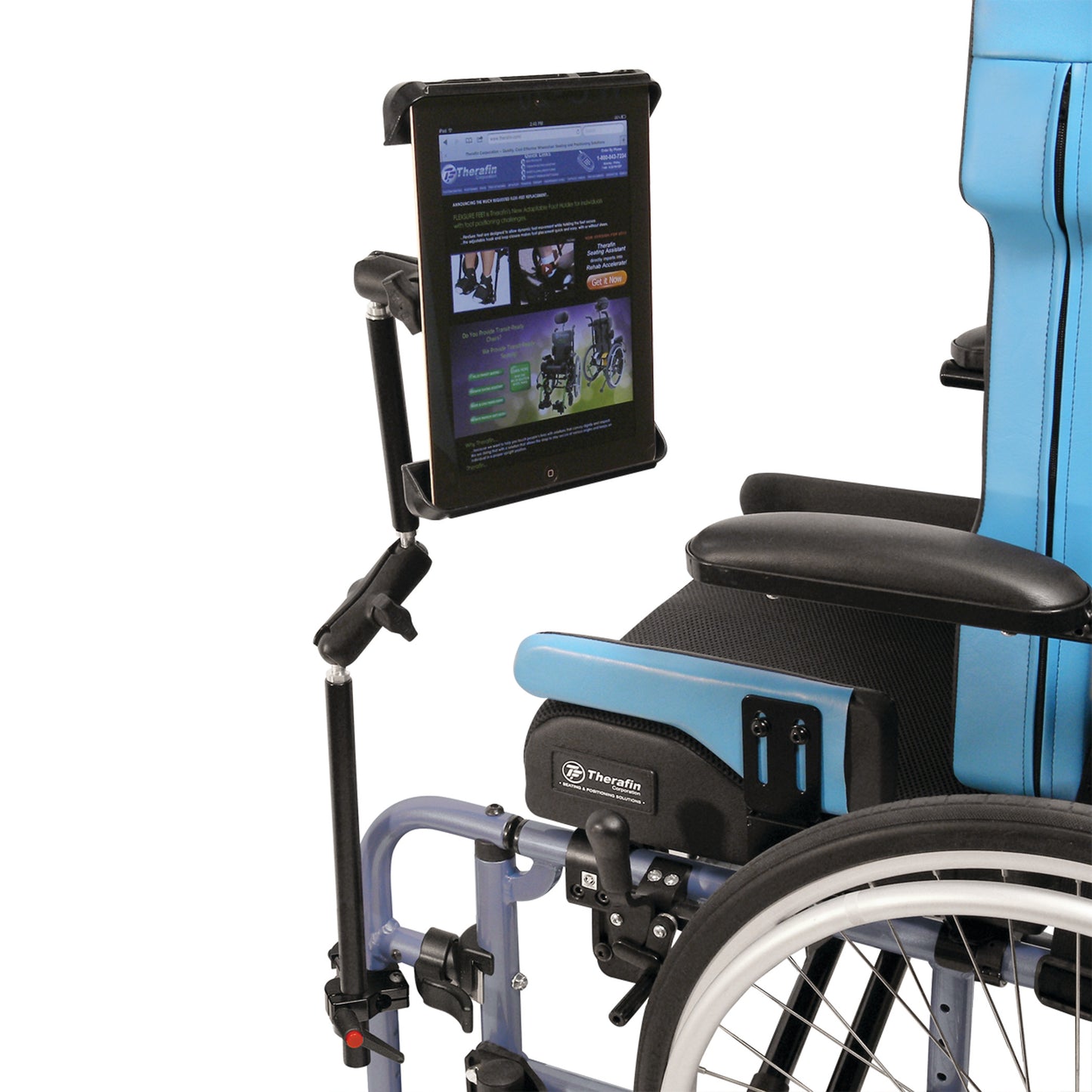 A tablet is mounted on a Therafin Wheelchair Device Mount Bracket attached to a blue wheelchair.