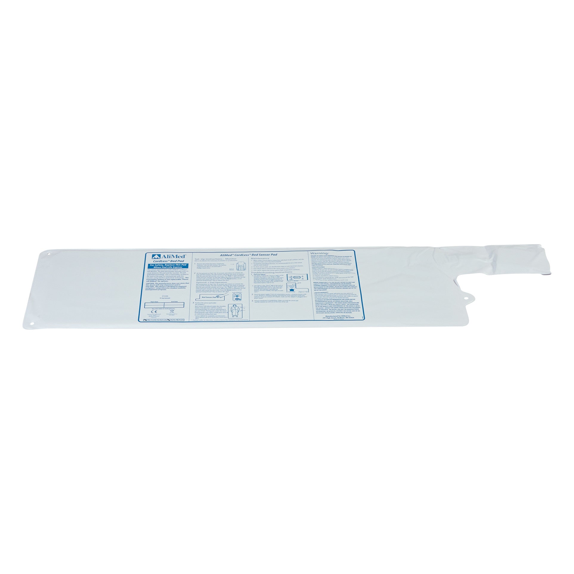 AliMed CordLess Chair Sensor Pad, a white, rectangular pad with printed instructions, designed for fall prevention, is shown.